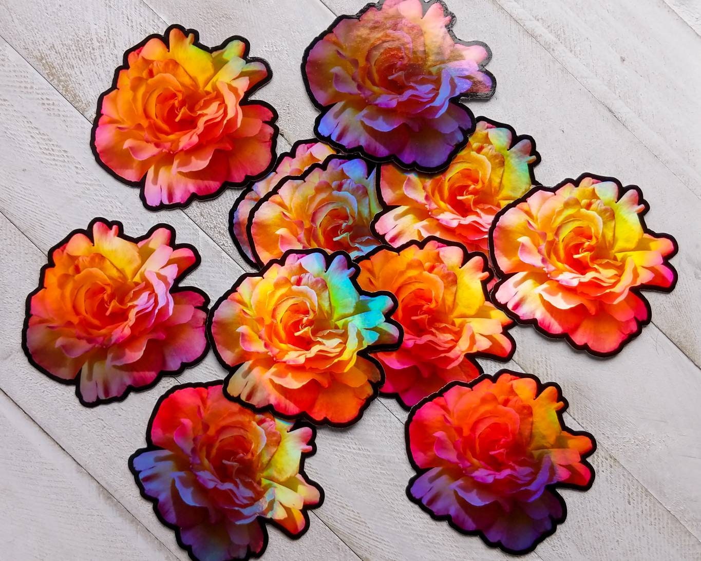 Holographic Rose, Die-Cut Photo Sticker - Rainbow Photo of a Peachy-Pink Rose, 3" x 3" Inch, Weatherproof Flower Sticker