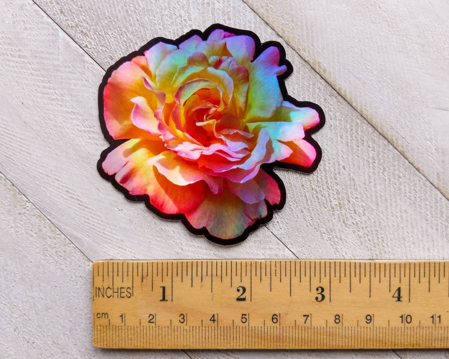 Holographic Rose, Die-Cut Photo Sticker - Rainbow Photo of a Peachy-Pink Rose, 3" x 3" Inch, Weatherproof Flower Sticker