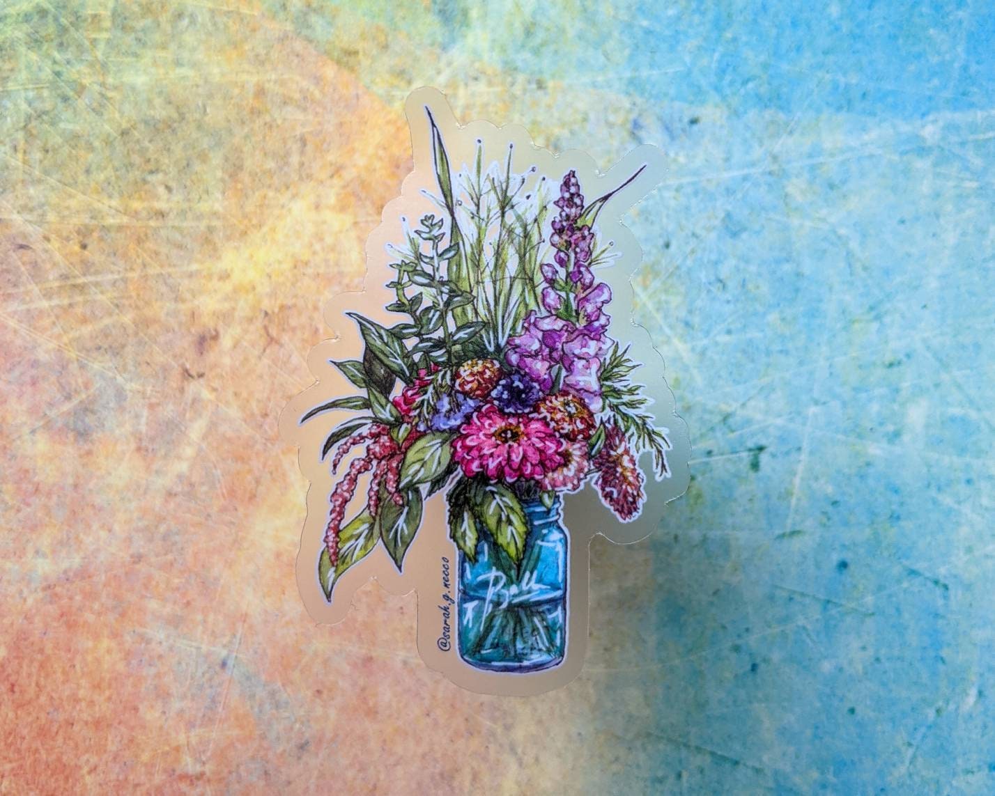 Farm Flowers in Mason Jar, 3"x2" Clear Vinyl Sticker, Waterproof and Dishwasher Safe