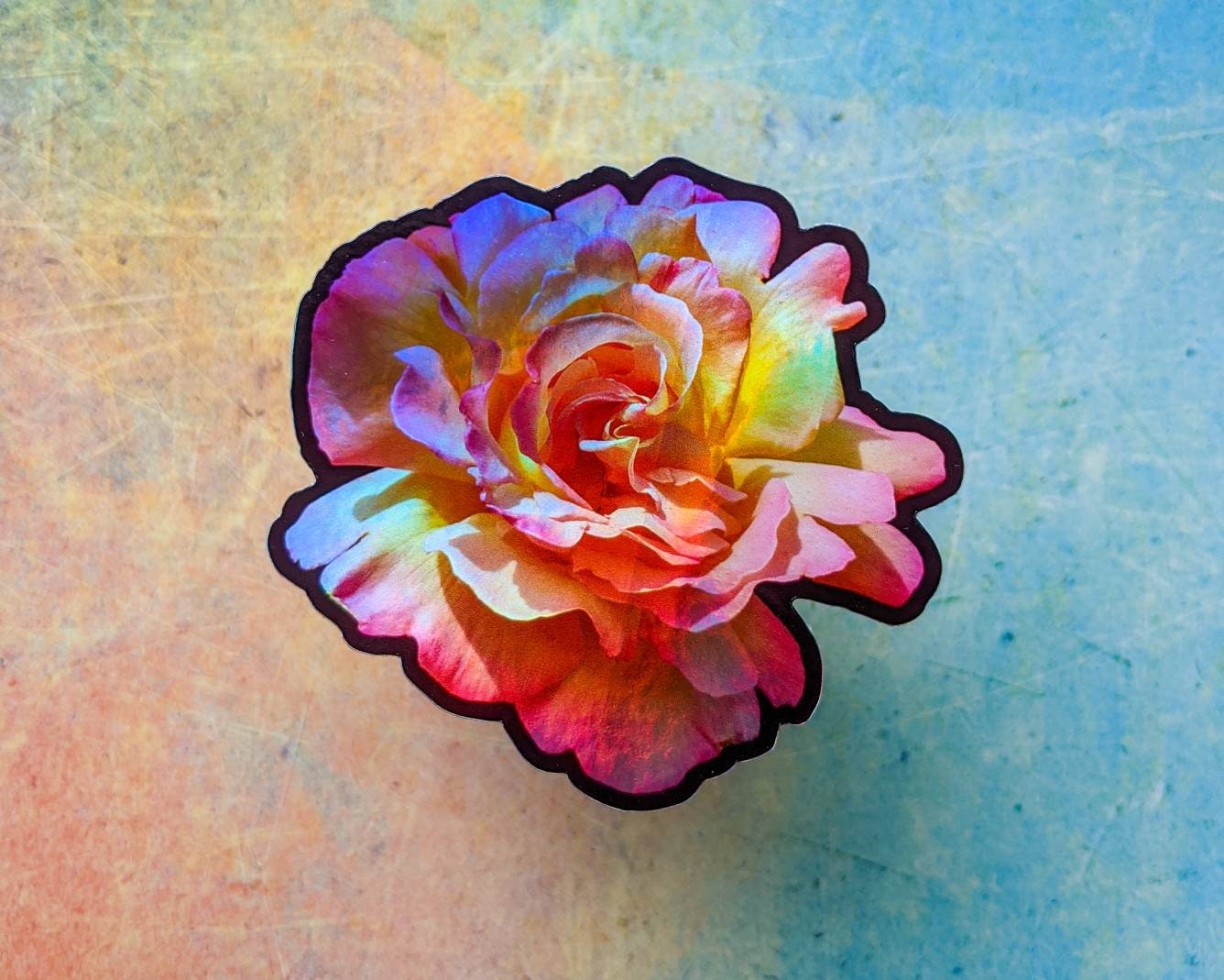 Holographic Rose, Die-Cut Photo Sticker - Rainbow Photo of a Peachy-Pink Rose, 3" x 3" Inch, Weatherproof Flower Sticker