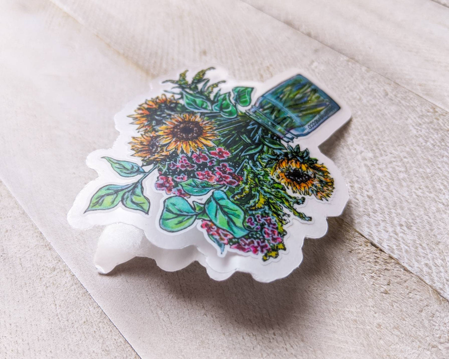 Sunflower Bouquet in Ball Jar, 3" Clear Vinyl Sticker