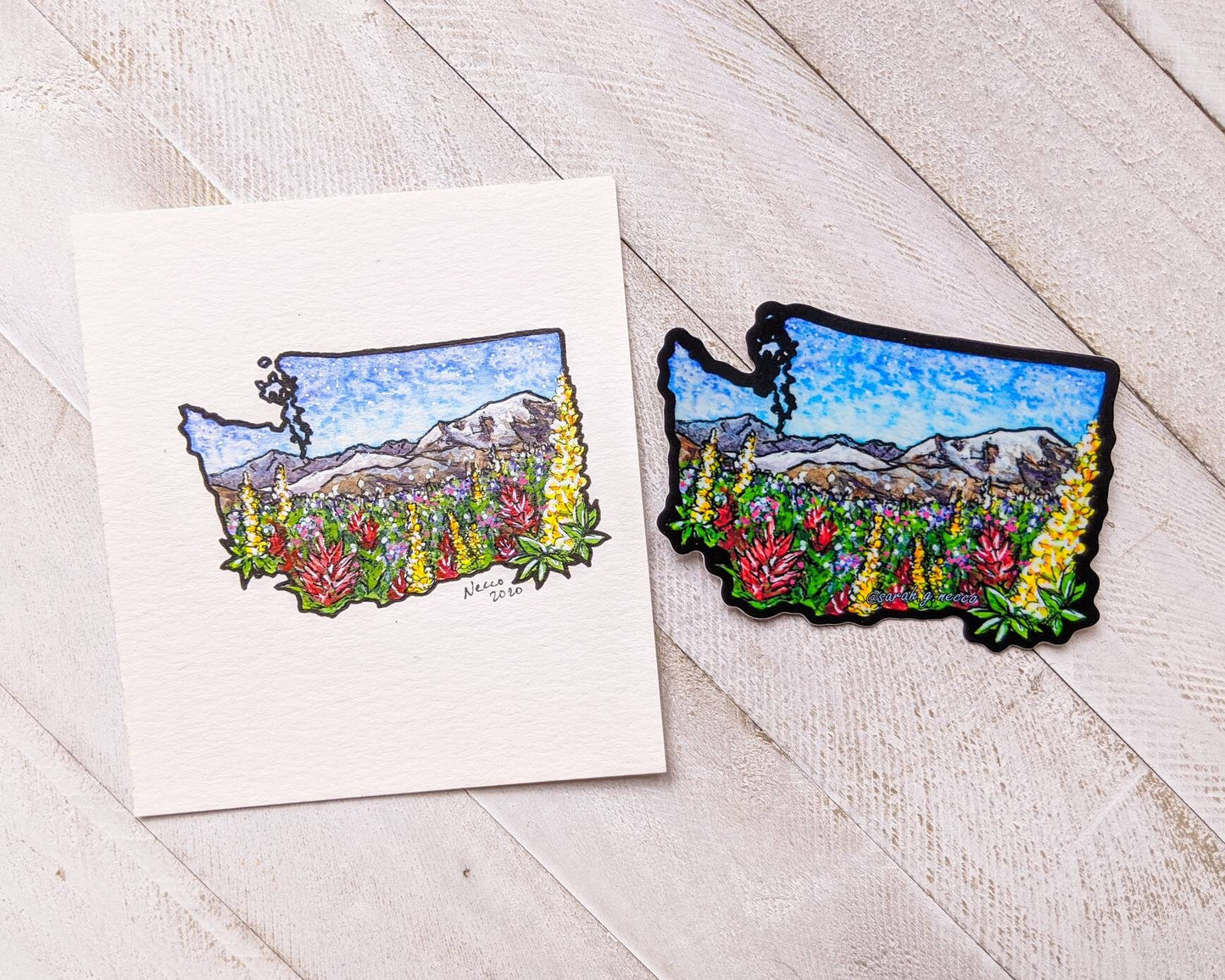 WA State Wildflowers, Mt. Rainier, 3" Vinyl Die-Cut Sticker, Black Border