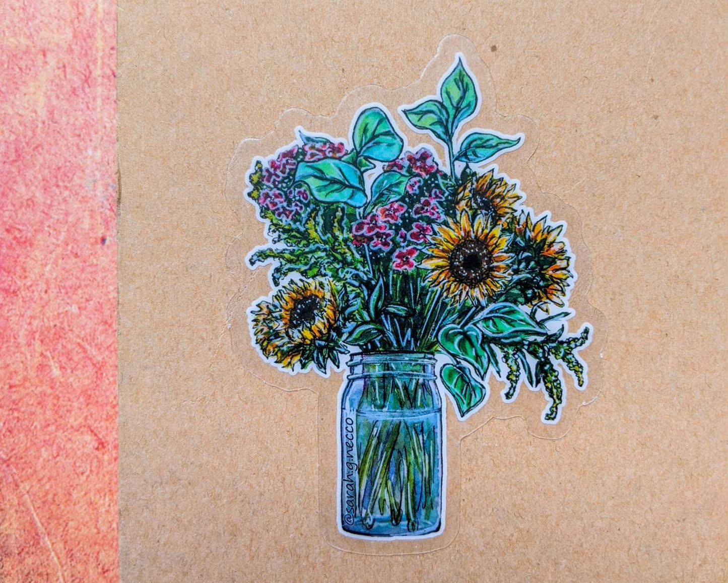 Sunflower Bouquet in Ball Jar, 3" Clear Vinyl Sticker