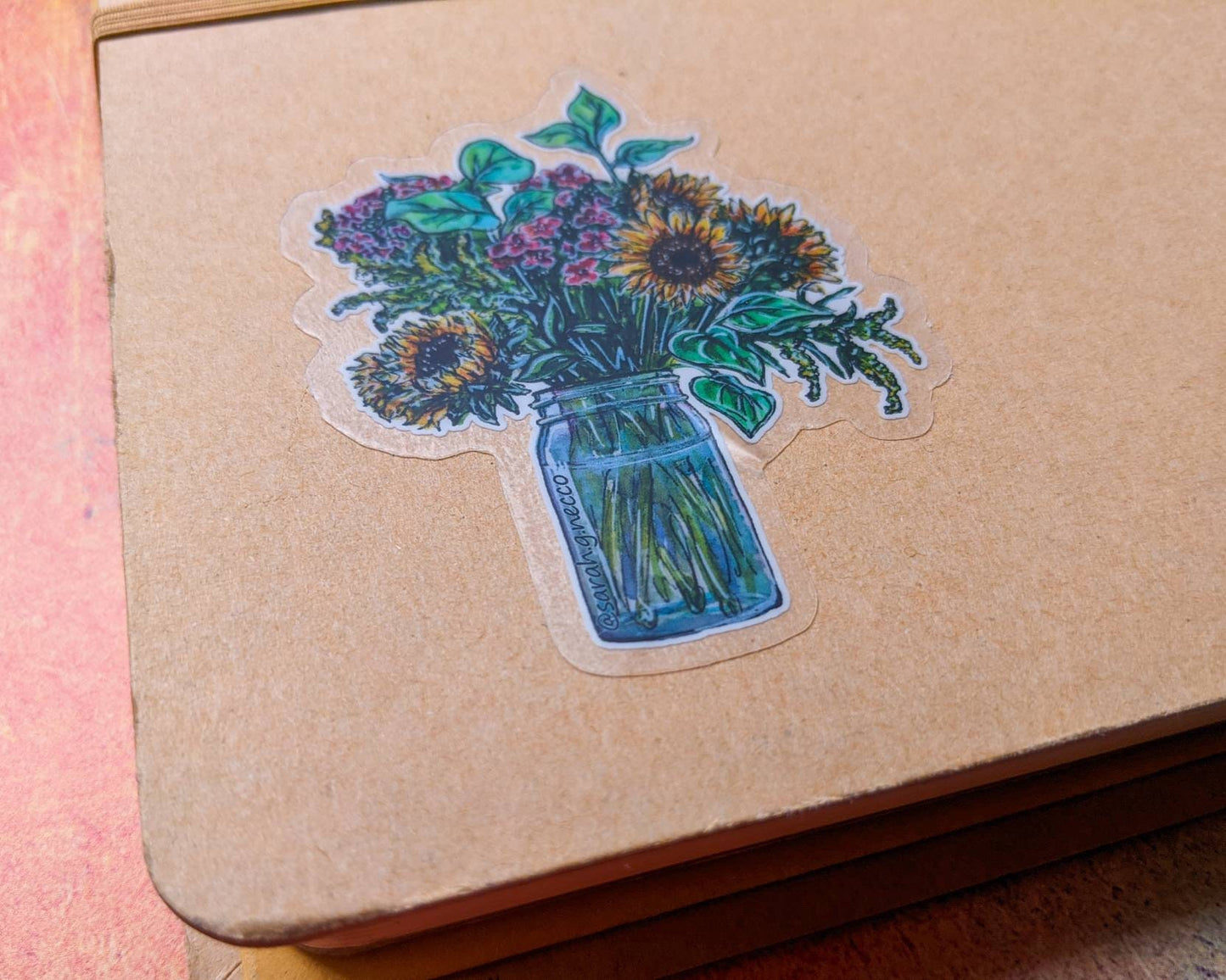 Sunflower Bouquet in Ball Jar, 3" Clear Vinyl Sticker