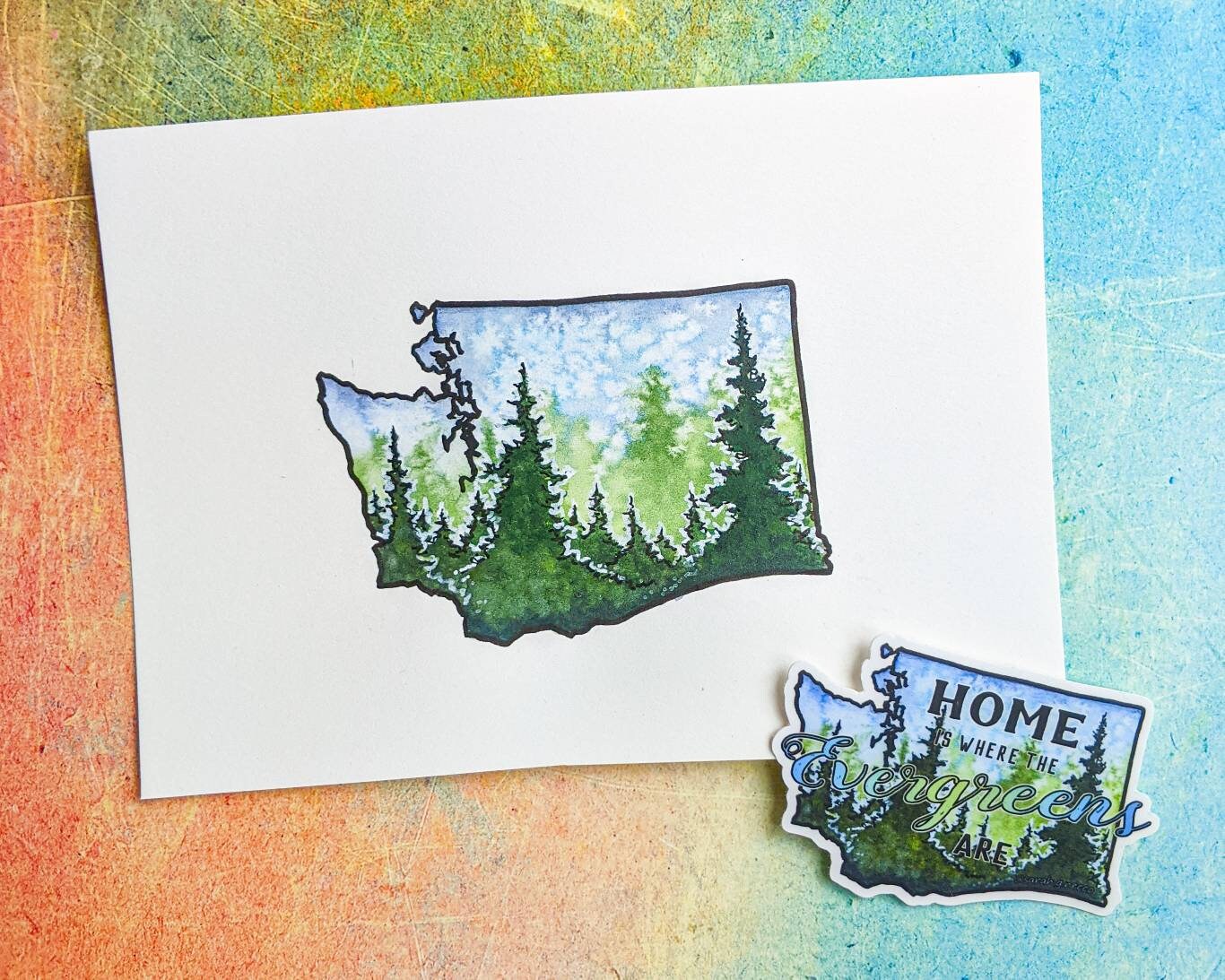 SALE! Washington State Sticker, Watercolor Painting, "Home is Where the Evergreens Are", Vinyl Waterproof 3 inch Sticker