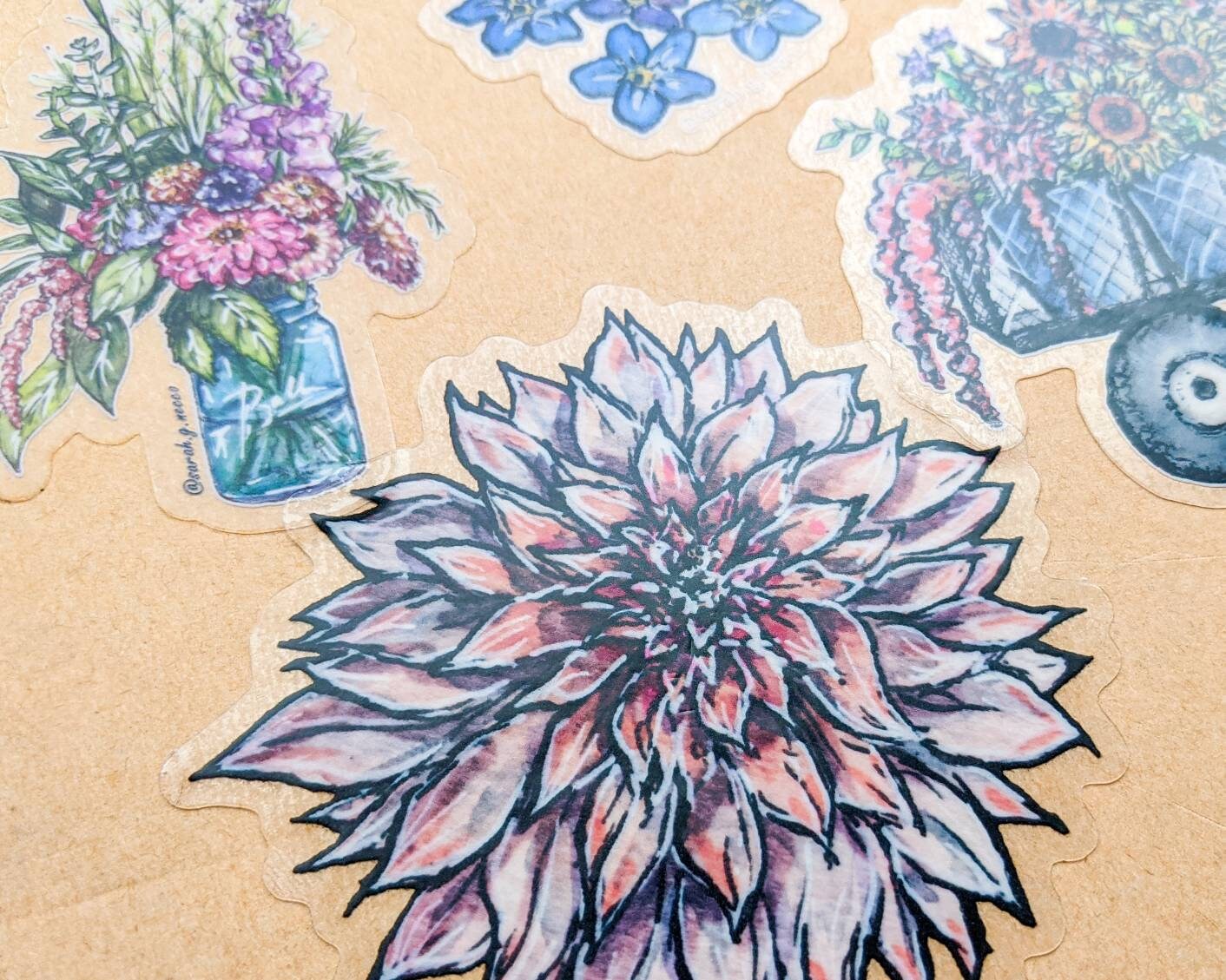 Cafe au Lait Dahlia, Clear Vinyl Sticker- Watercolor painting of a beautiful dahlia bloom, die-cut waterproof 3 inch sticker