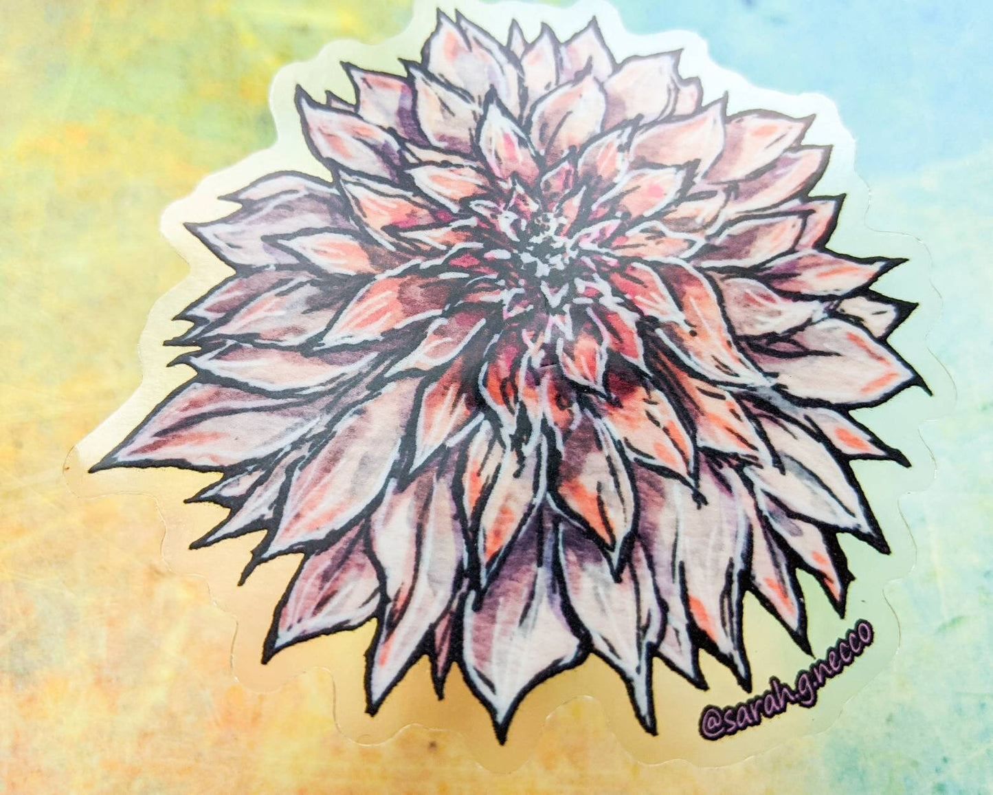 Cafe au Lait Dahlia, Clear Vinyl Sticker- Watercolor painting of a beautiful dahlia bloom, die-cut waterproof 3 inch sticker