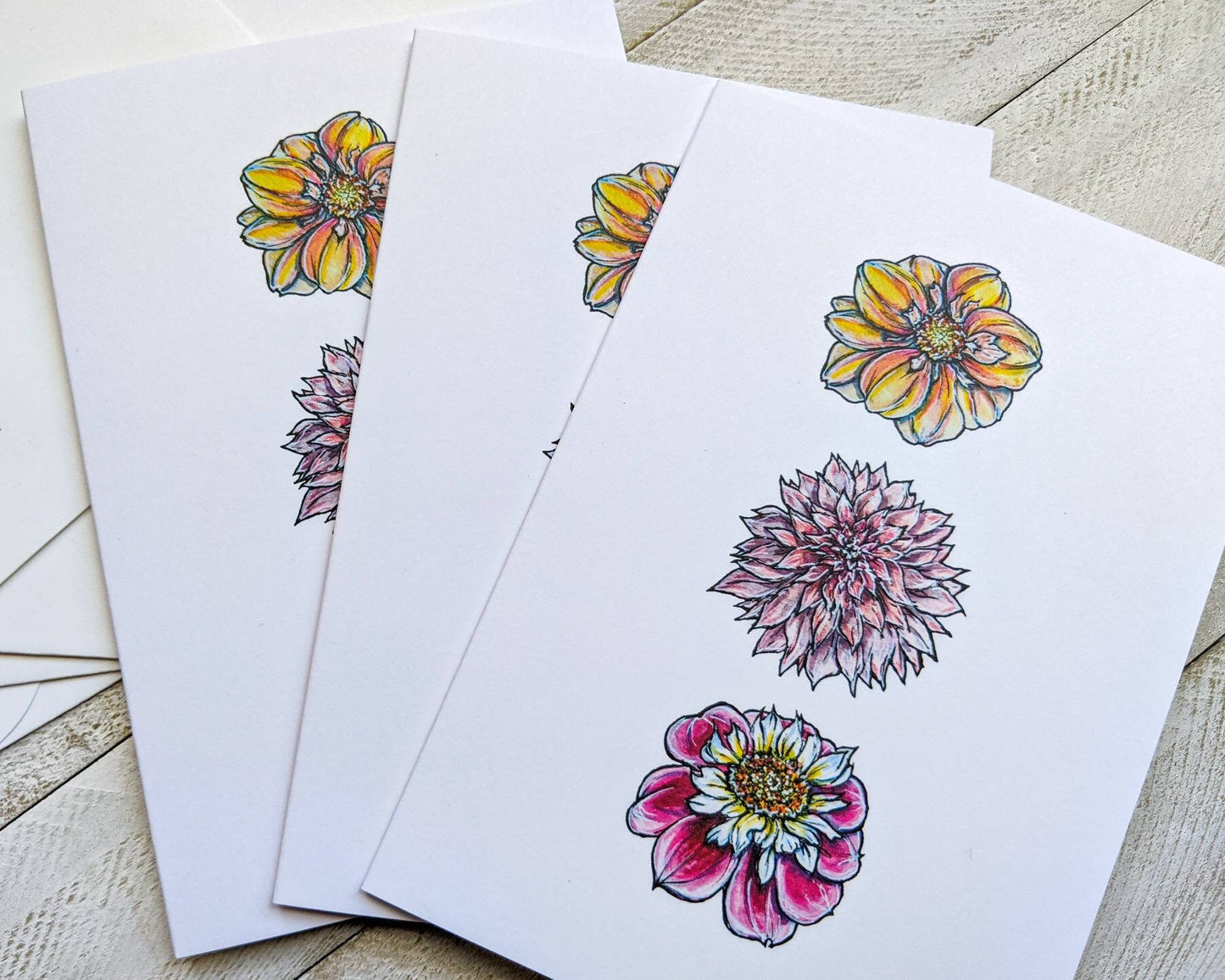 Dahlia Blooms Greeting Card, 4"x5.5" Blank Card and Envelope