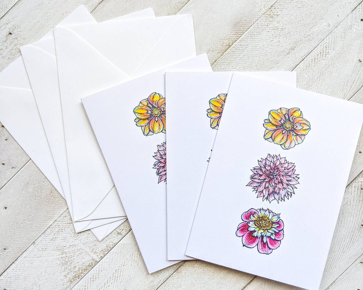 Dahlia Blooms Greeting Card, 4"x5.5" Blank Card and Envelope