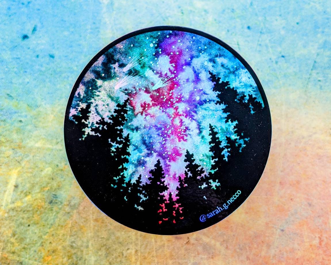 Holographic or Matte Galaxy & Forest Sticker, Watercolor Art, 3"x3" inch Circle Vinyl Waterproof Sticker