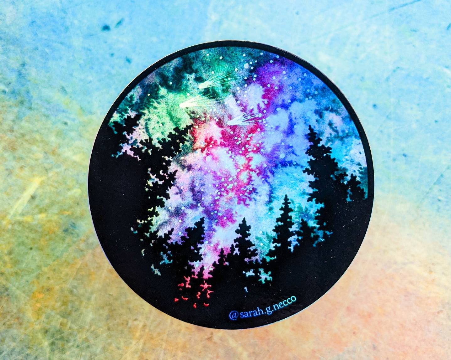 Holographic or Matte Galaxy & Forest Sticker, Watercolor Art, 3"x3" inch Circle Vinyl Waterproof Sticker