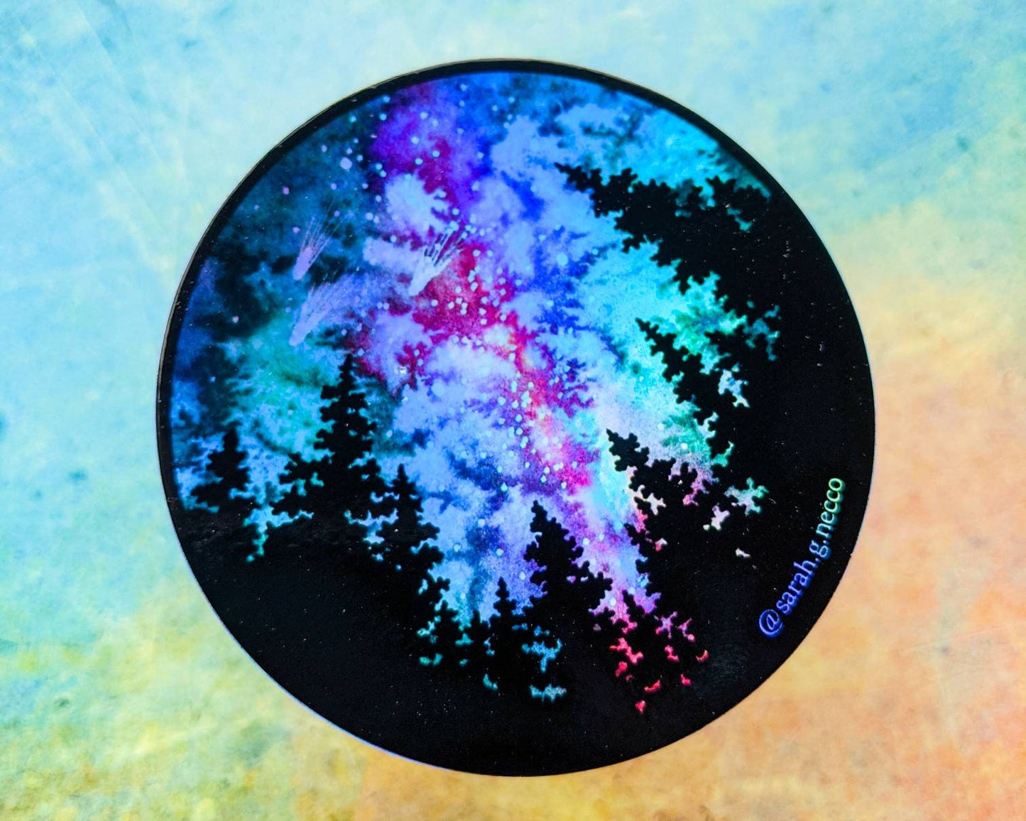 Holographic or Matte Galaxy & Forest Sticker, Watercolor Art, 3"x3" inch Circle Vinyl Waterproof Sticker