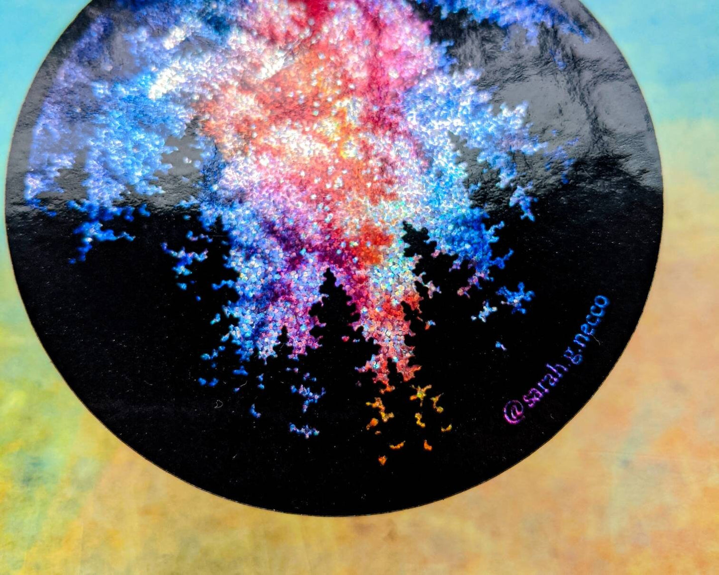 SALE! Holographic Glitter Galaxy & Forest Sticker, Watercolor Art, 3"x3" inch Circle Vinyl Waterproof Sticker