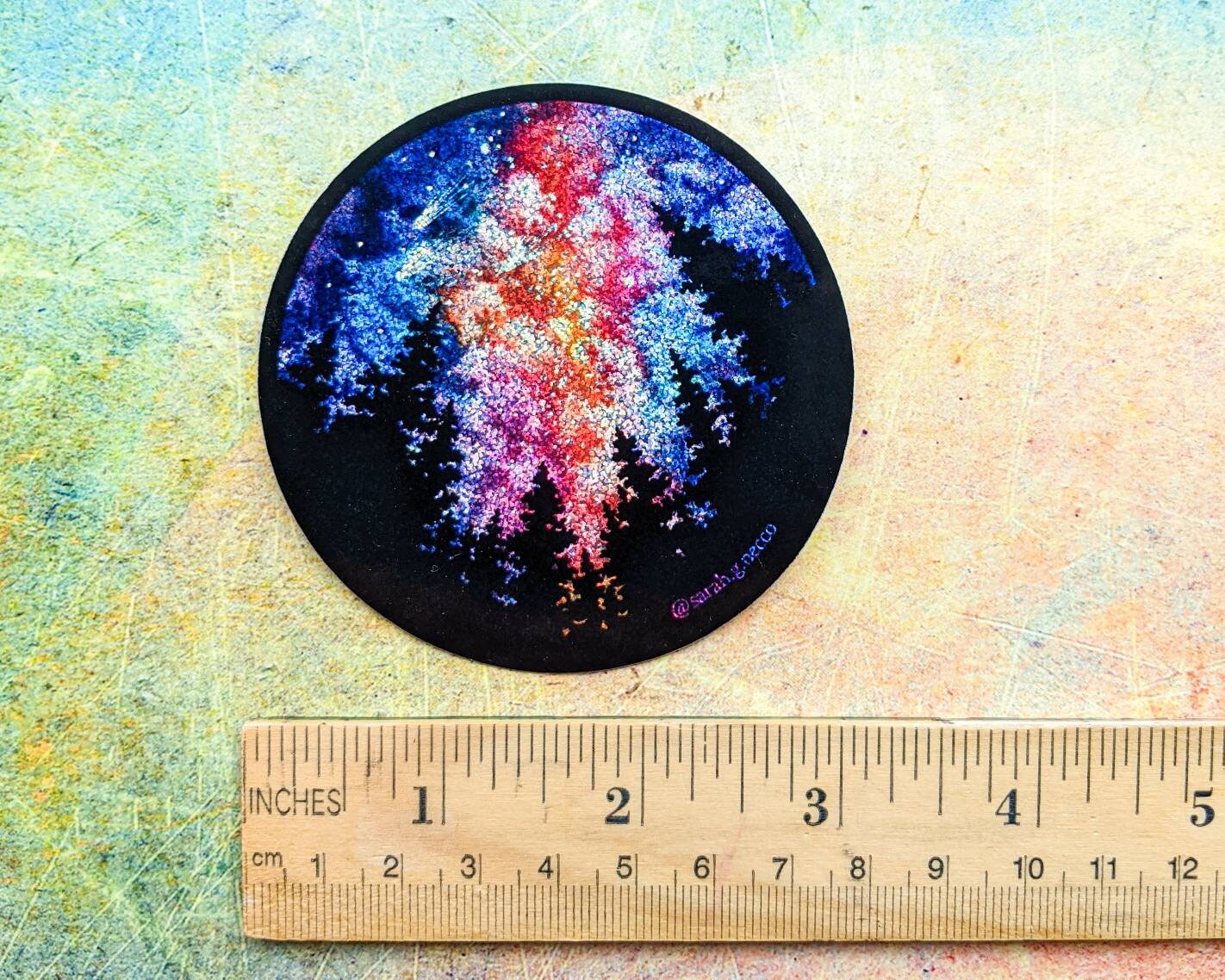 SALE! Holographic Glitter Galaxy & Forest Sticker, Watercolor Art, 3"x3" inch Circle Vinyl Waterproof Sticker