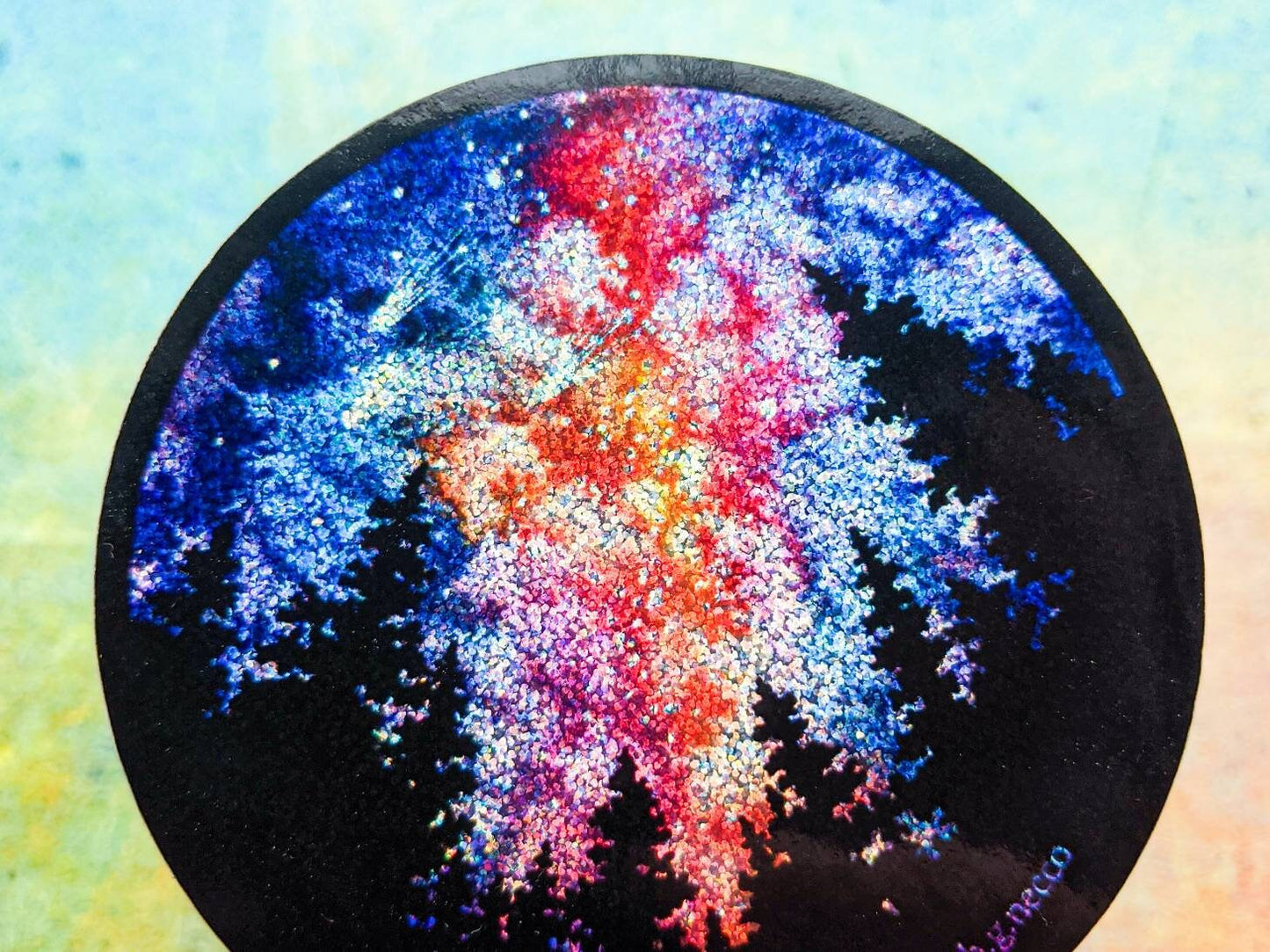 SALE! Holographic Glitter Galaxy & Forest Sticker, Watercolor Art, 3"x3" inch Circle Vinyl Waterproof Sticker