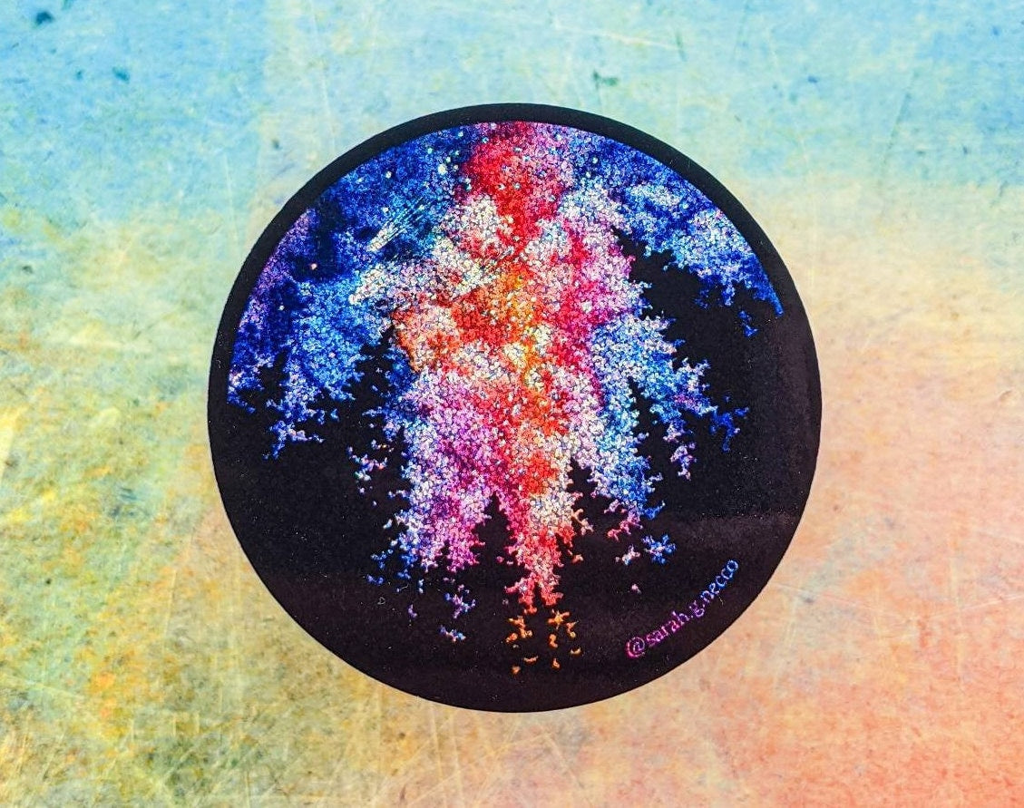 SALE! Holographic Glitter Galaxy & Forest Sticker, Watercolor Art, 3"x3" inch Circle Vinyl Waterproof Sticker