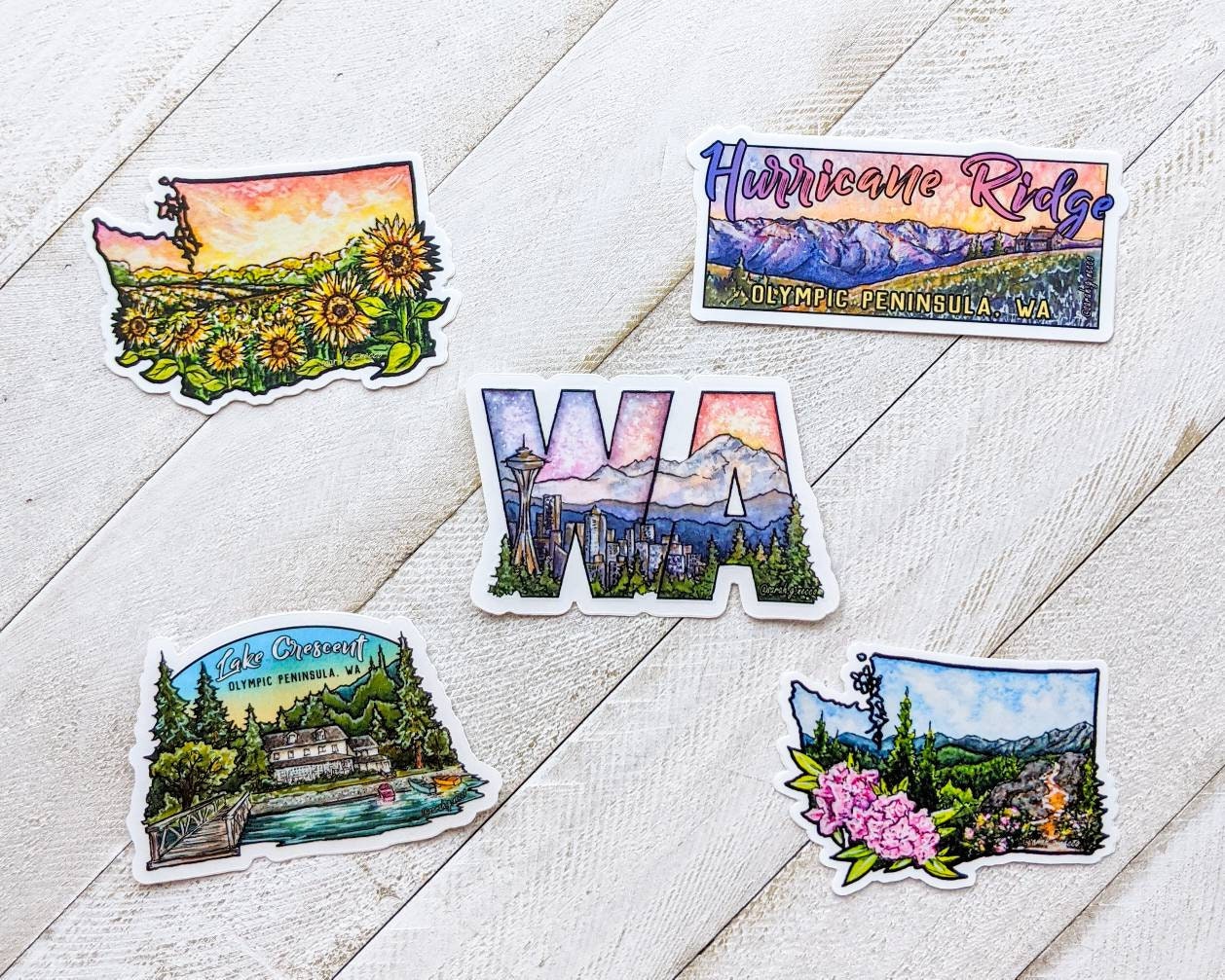 Upper Left Sticker Pack, Set of 5 WA State and Olympic Peninsula Sticker Gift Set, Vinyl Die-Cut and Waterproof