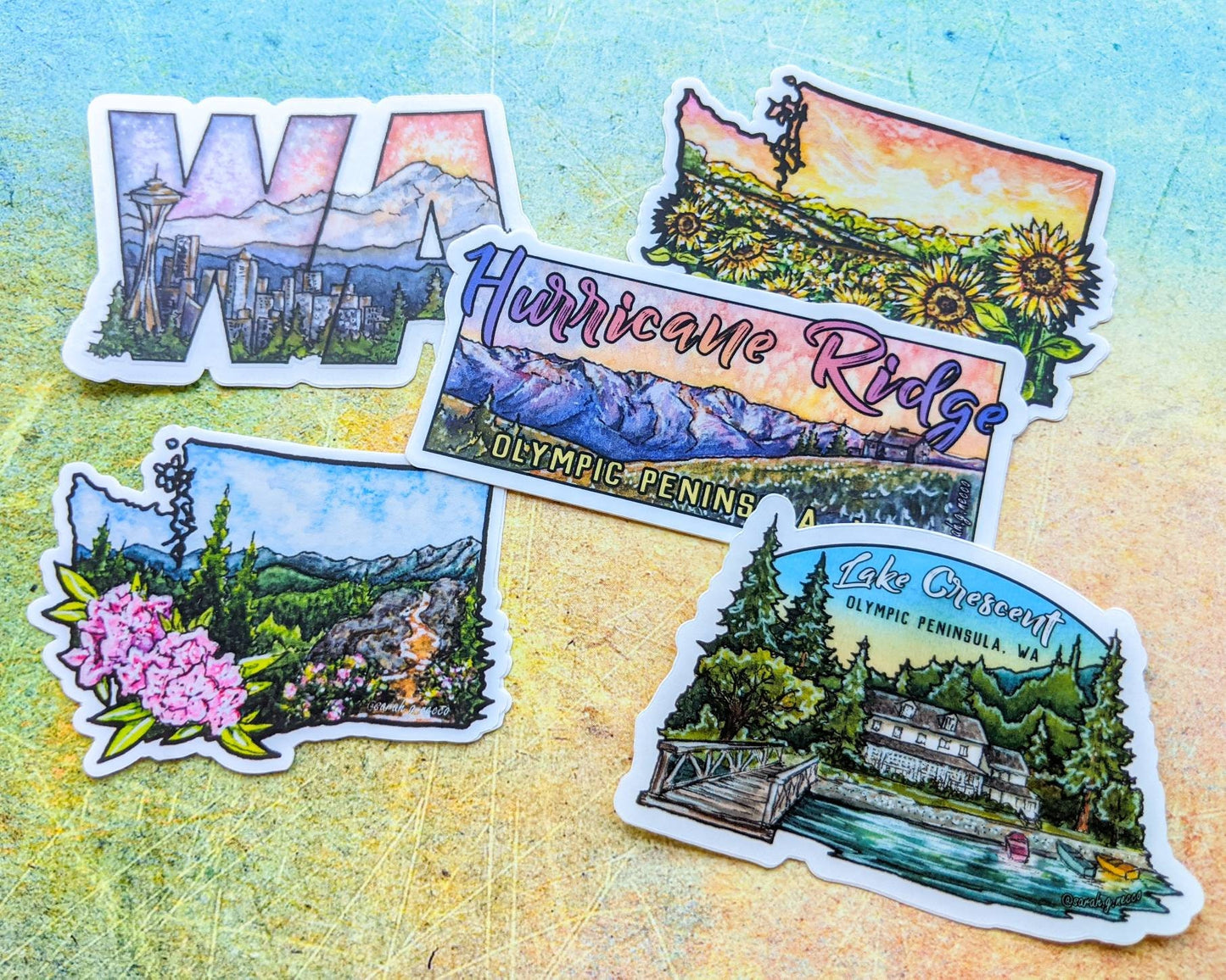 Upper Left Sticker Pack, Set of 5 WA State and Olympic Peninsula Sticker Gift Set, Vinyl Die-Cut and Waterproof