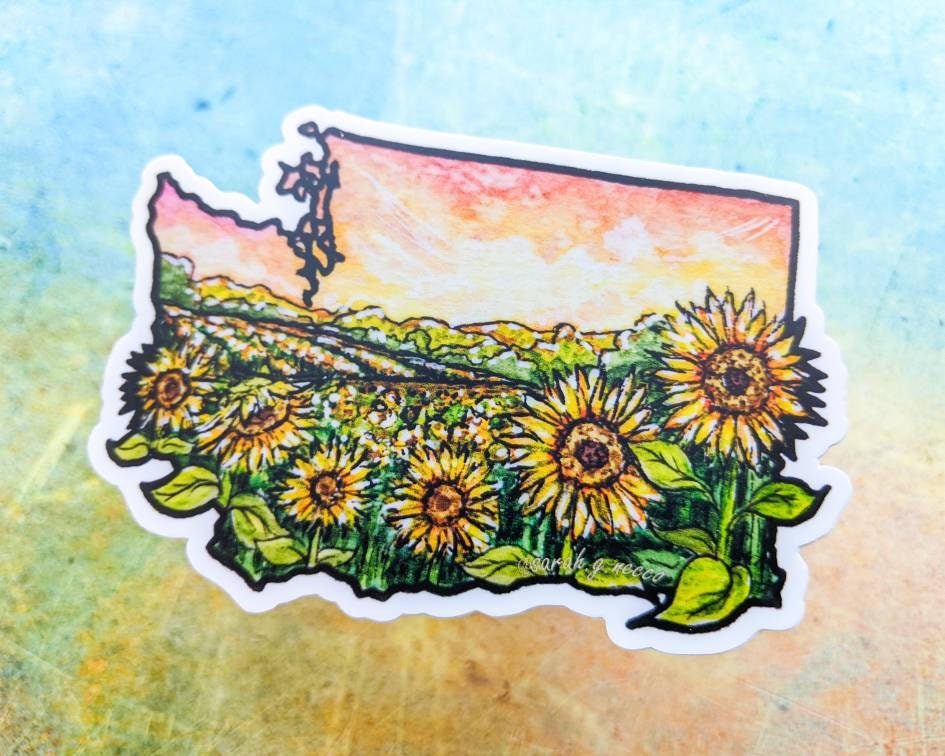 WA State Farm Sunflowers, Vinyl Die-Cut Sticker, White Outline