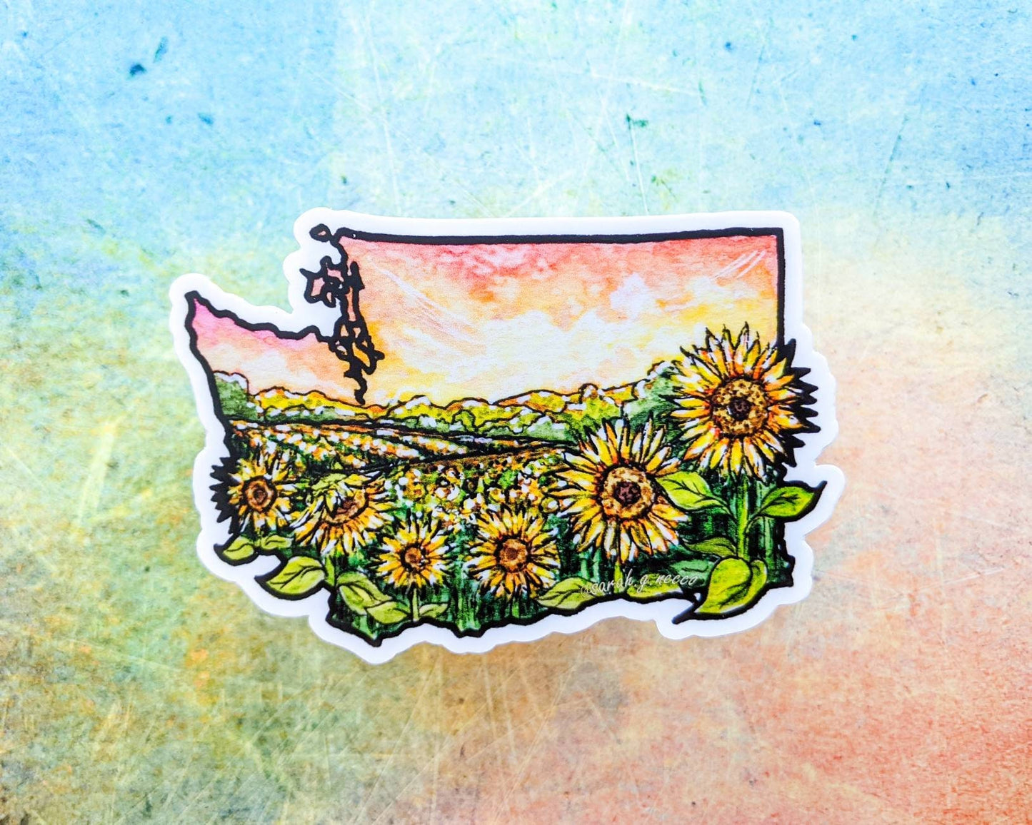 WA State Farm Sunflowers, Vinyl Die-Cut Sticker, White Outline