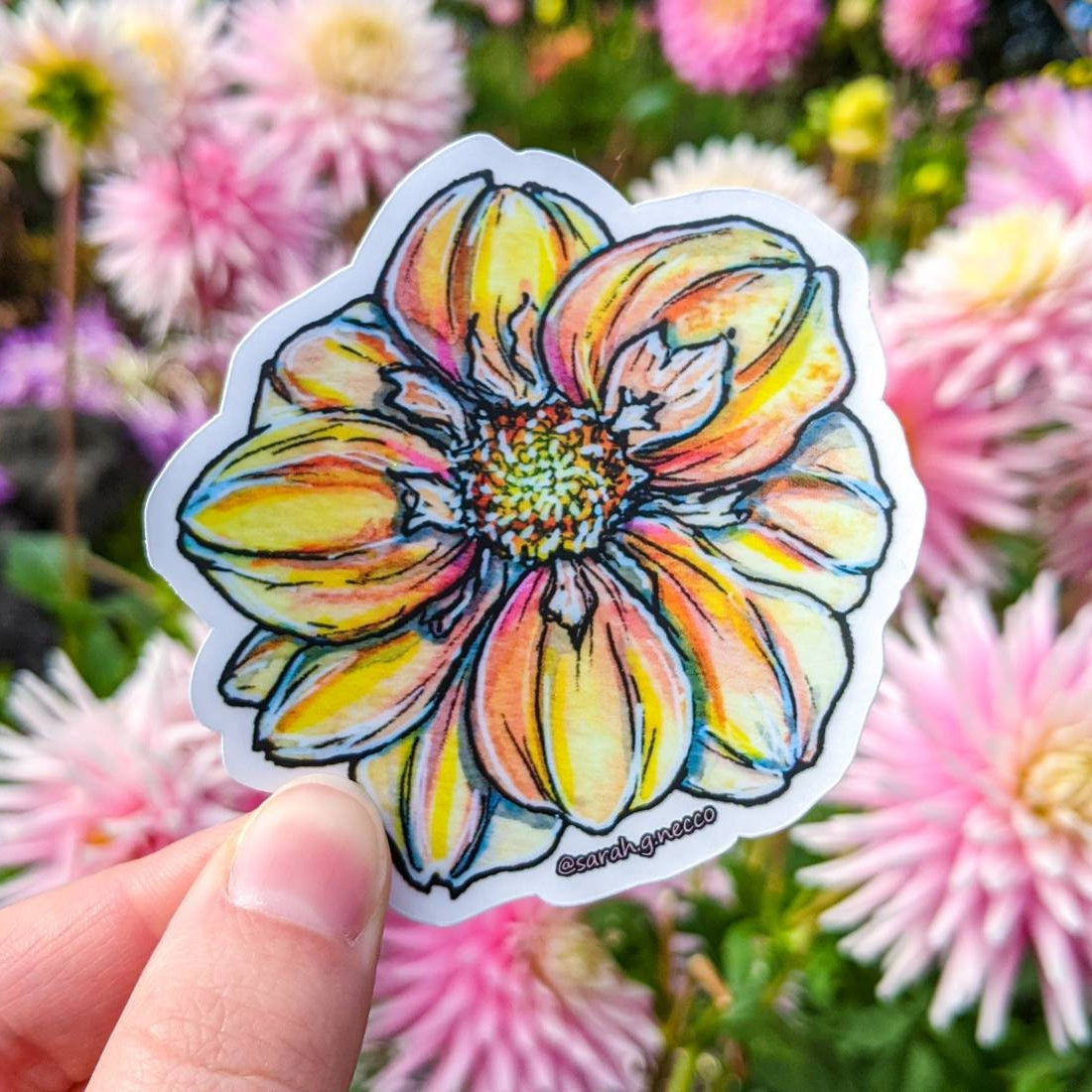 Appleblossom Dahlia, 3" Clear Die-Cut Vinyl Sticker, Waterproof & Dishwasher Safe, Watercolor Art