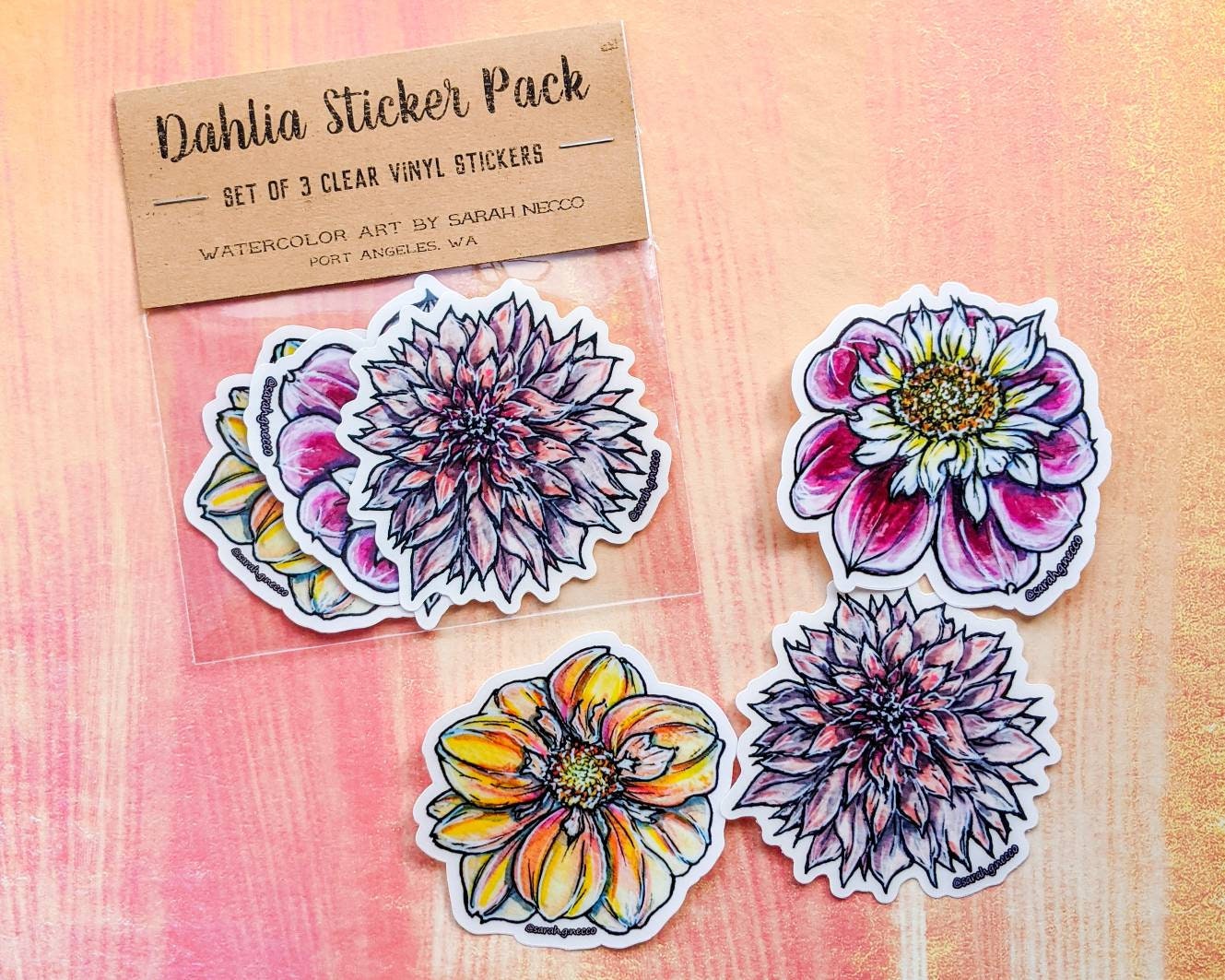 SALE! Set of 3 Dahlia Stickers, 3" Clear Die-Cut Vinyl Stickers, Waterproof & Dishwasher Safe, Watercolor Art