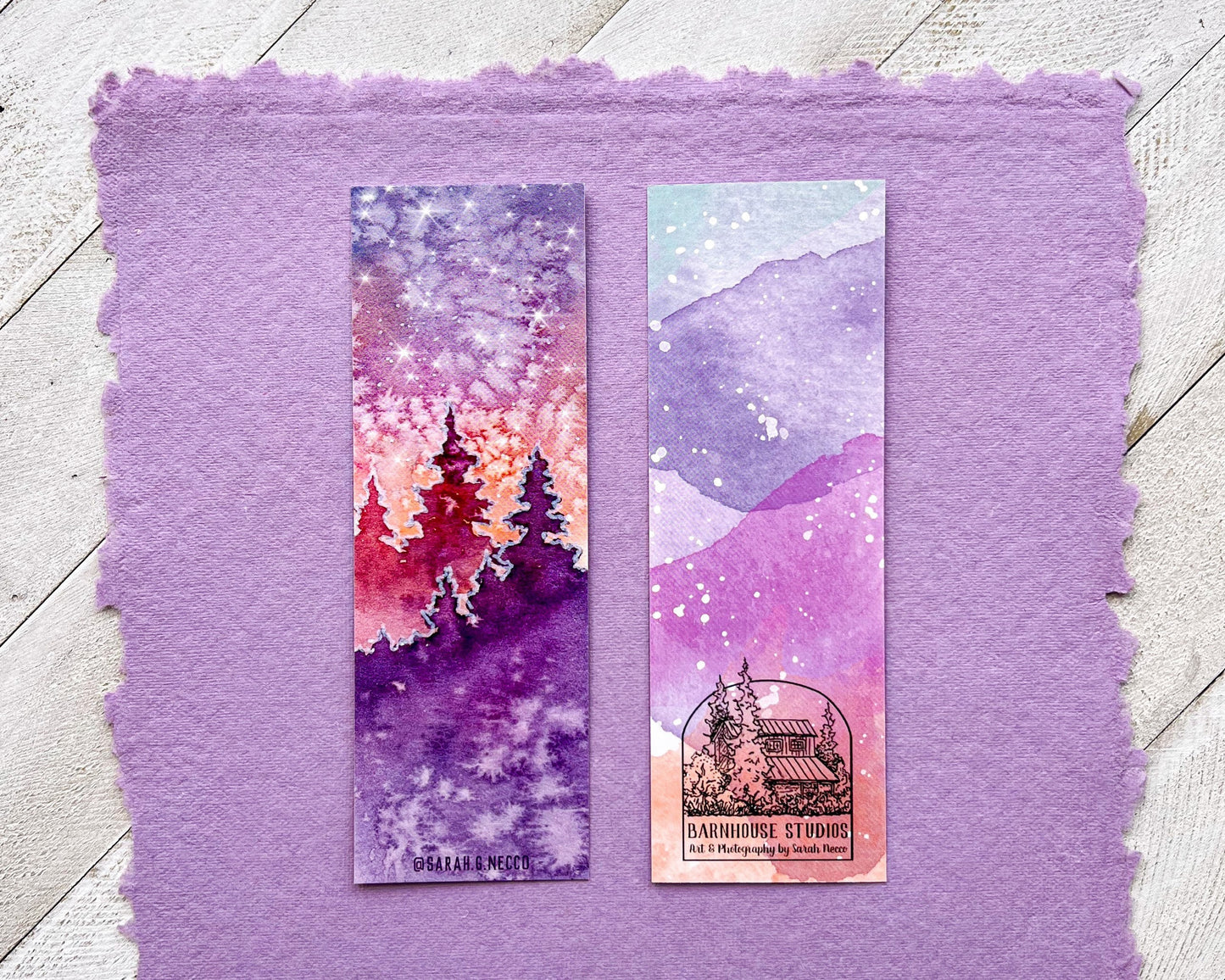Watercolor Art Print Bookmark, 2”x6” Glossy Card Stock, Purple Forest and Galaxy