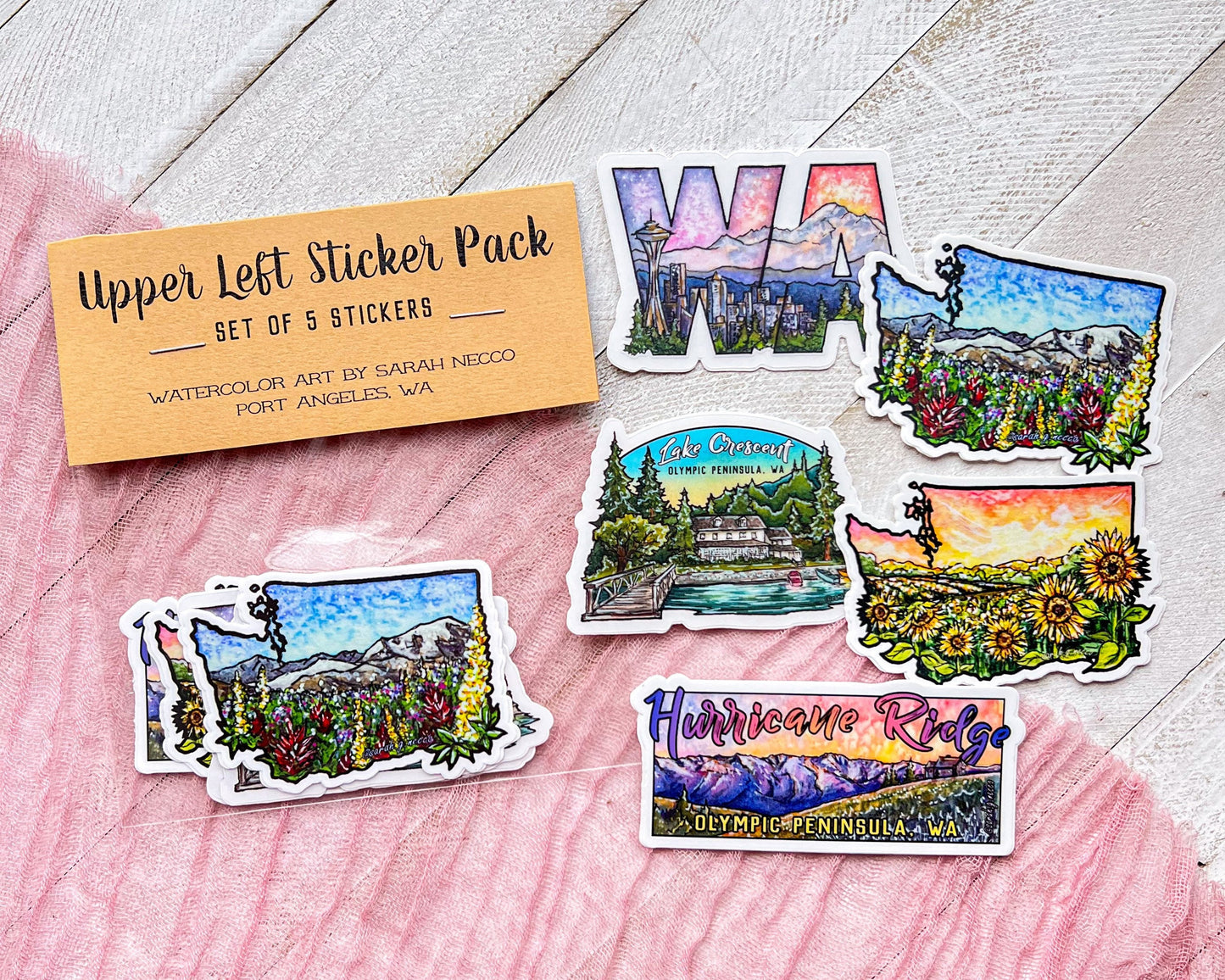 Upper Left Sticker Pack, Set of 5 WA State and Olympic Peninsula Sticker Gift Set, Vinyl Die-Cut and Waterproof
