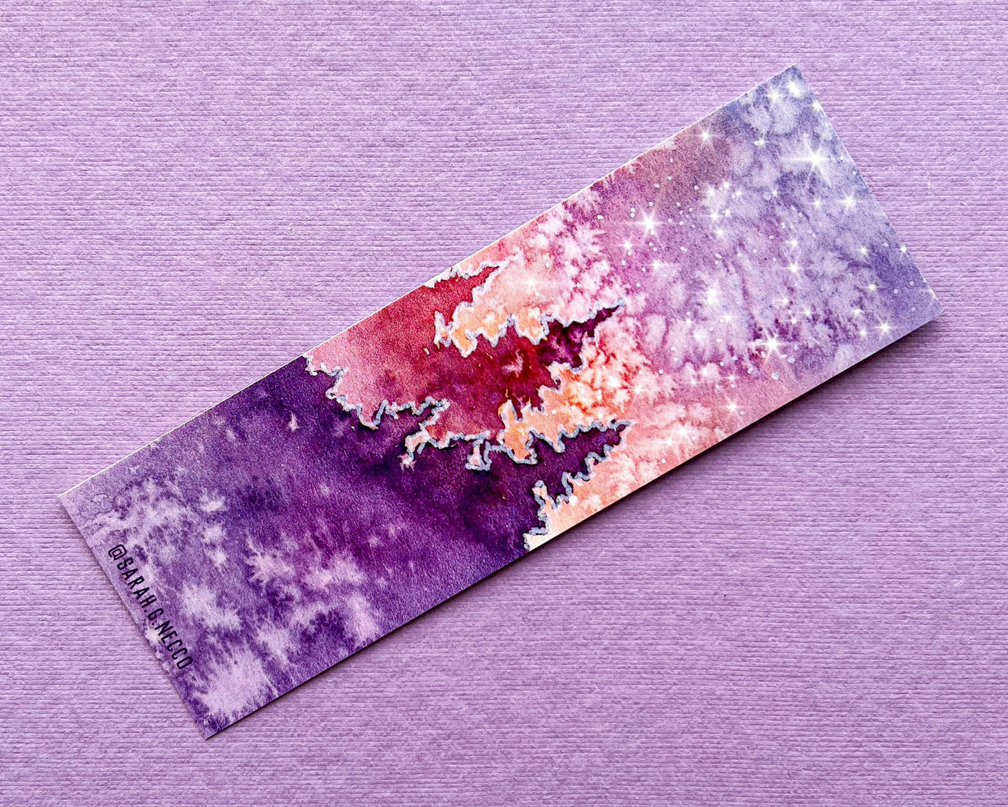 Watercolor Art Print Bookmark, 2”x6” Glossy Card Stock, Purple Forest and Galaxy