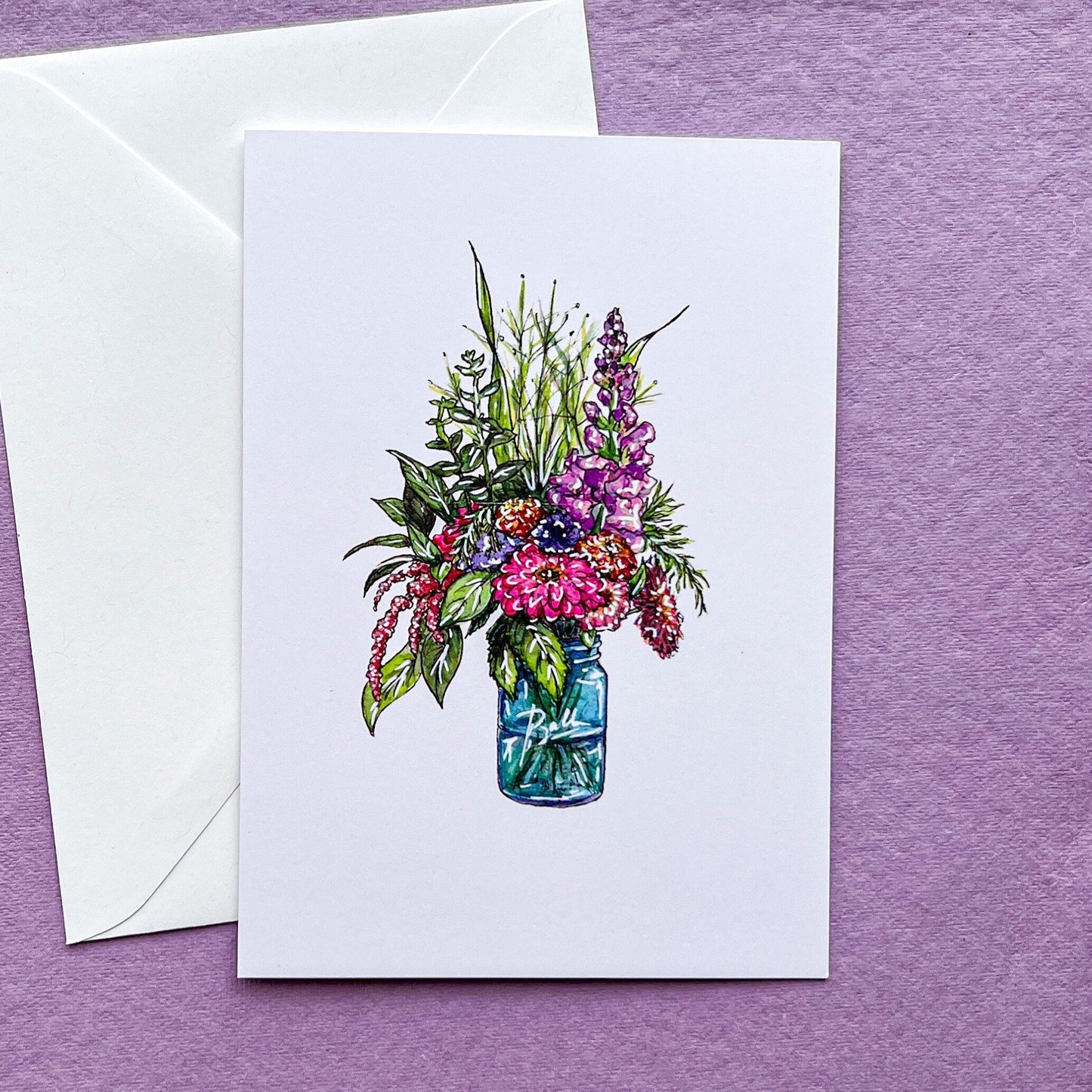 Farm Fresh Flowers in a Mason Jar Greeting Card, 4"x5.5" Blank Card and Envelope, Watercolor Art Print