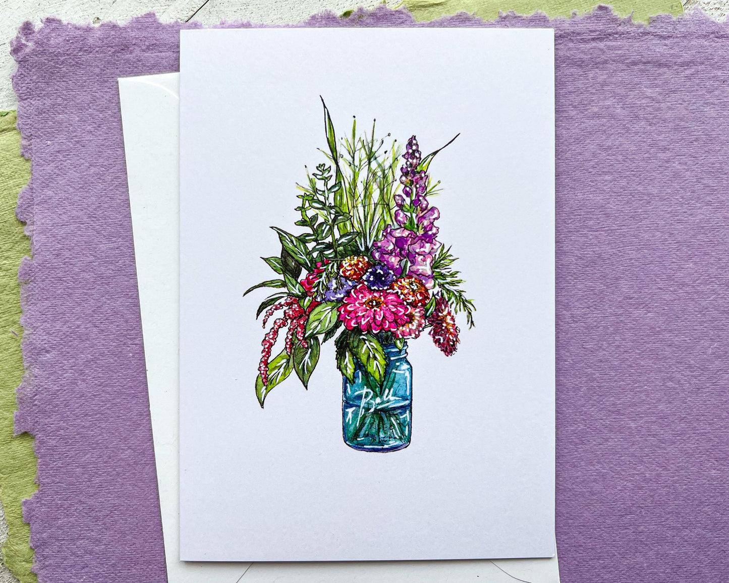 Farm Fresh Flowers in a Mason Jar Greeting Card, 4"x5.5" Blank Card and Envelope, Watercolor Art Print