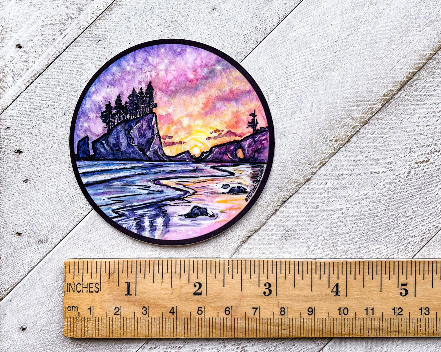 Second Beach & Sea Arch Sunset, 3” Vinyl Circle Sticker, Olympic National Park Washington State