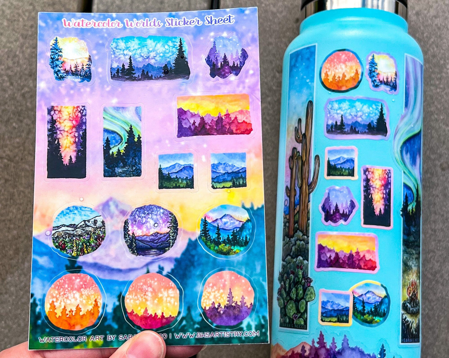 Watercolor Worlds Sticker Sheet No. 1, Set of 14 Small Landscape Stickers