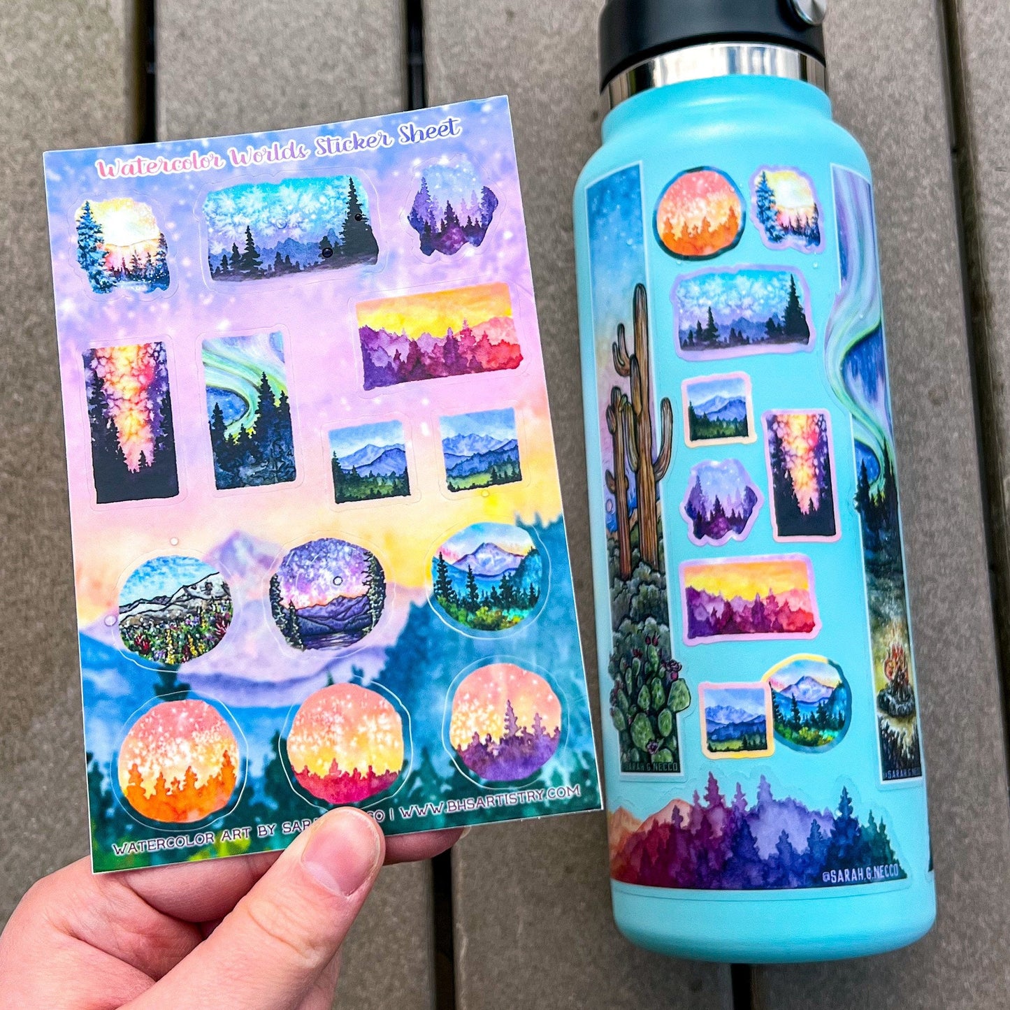 Watercolor Worlds Sticker Sheet No. 1, Set of 14 Small Landscape Stickers