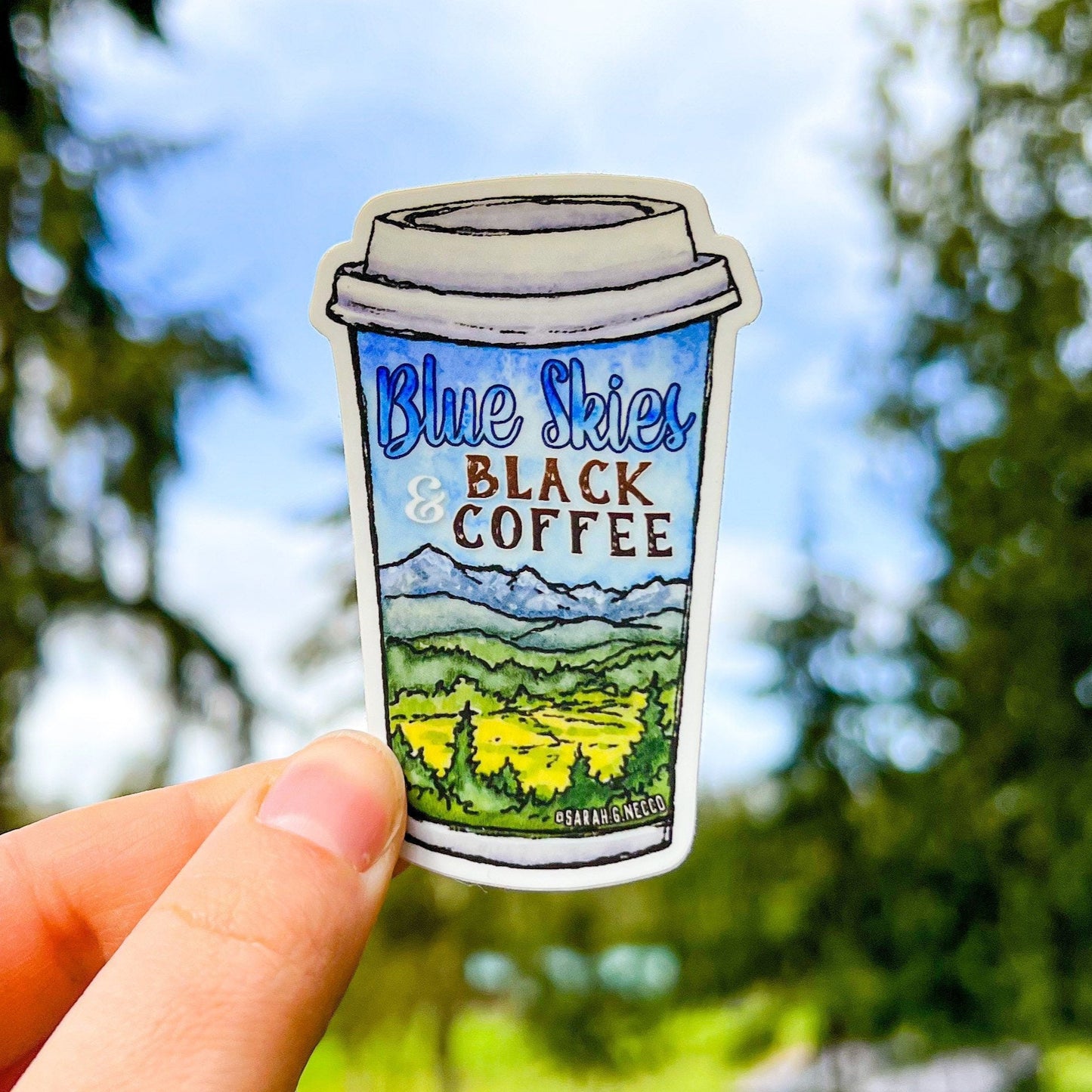 Blue Skies and Black Coffee, 3” Clear Vinyl Die-Cut Sticker