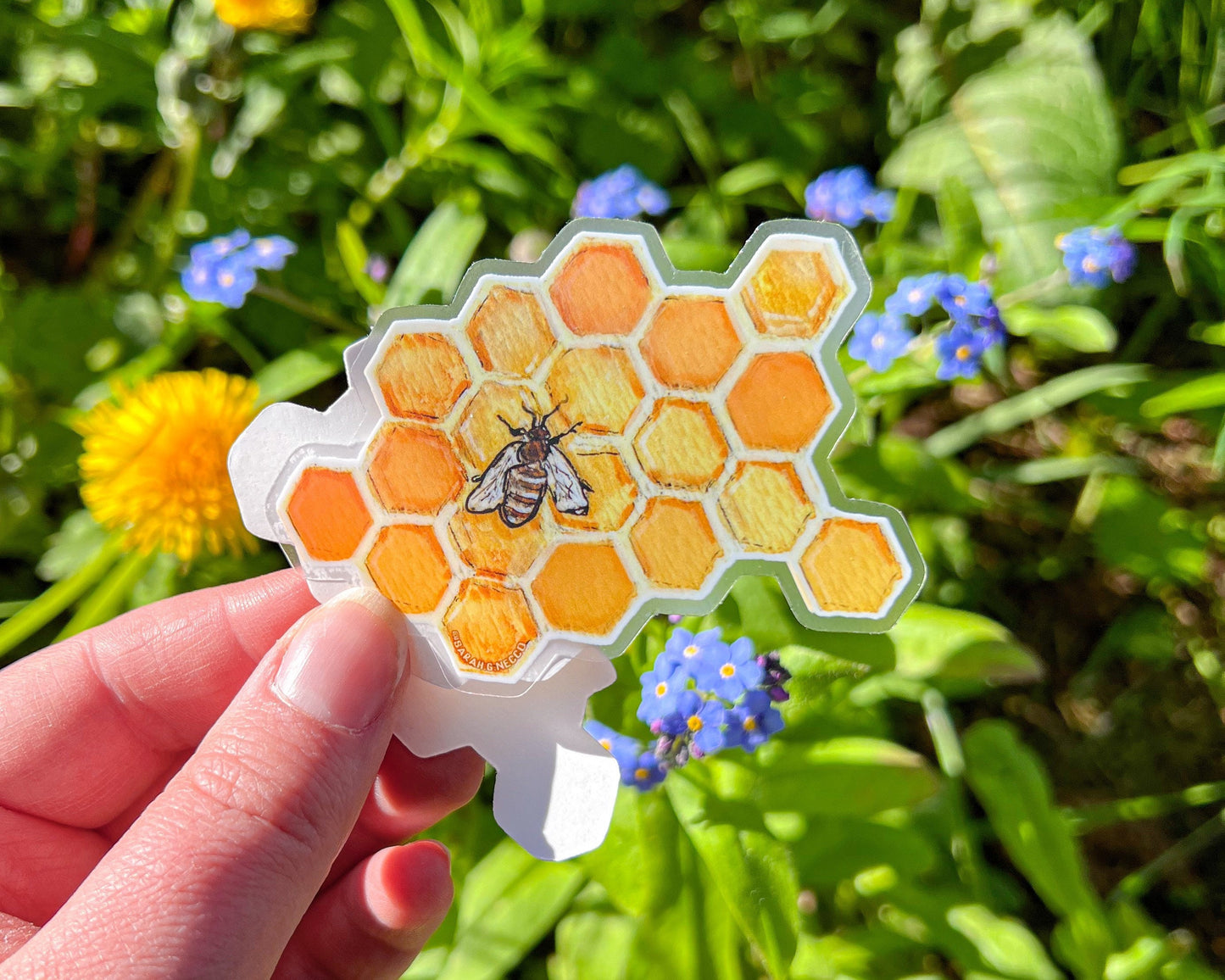 Bee & Honeycomb, Watercolor Art, 3"x2" inch Die-Cut Clear Vinyl Waterproof Sticker