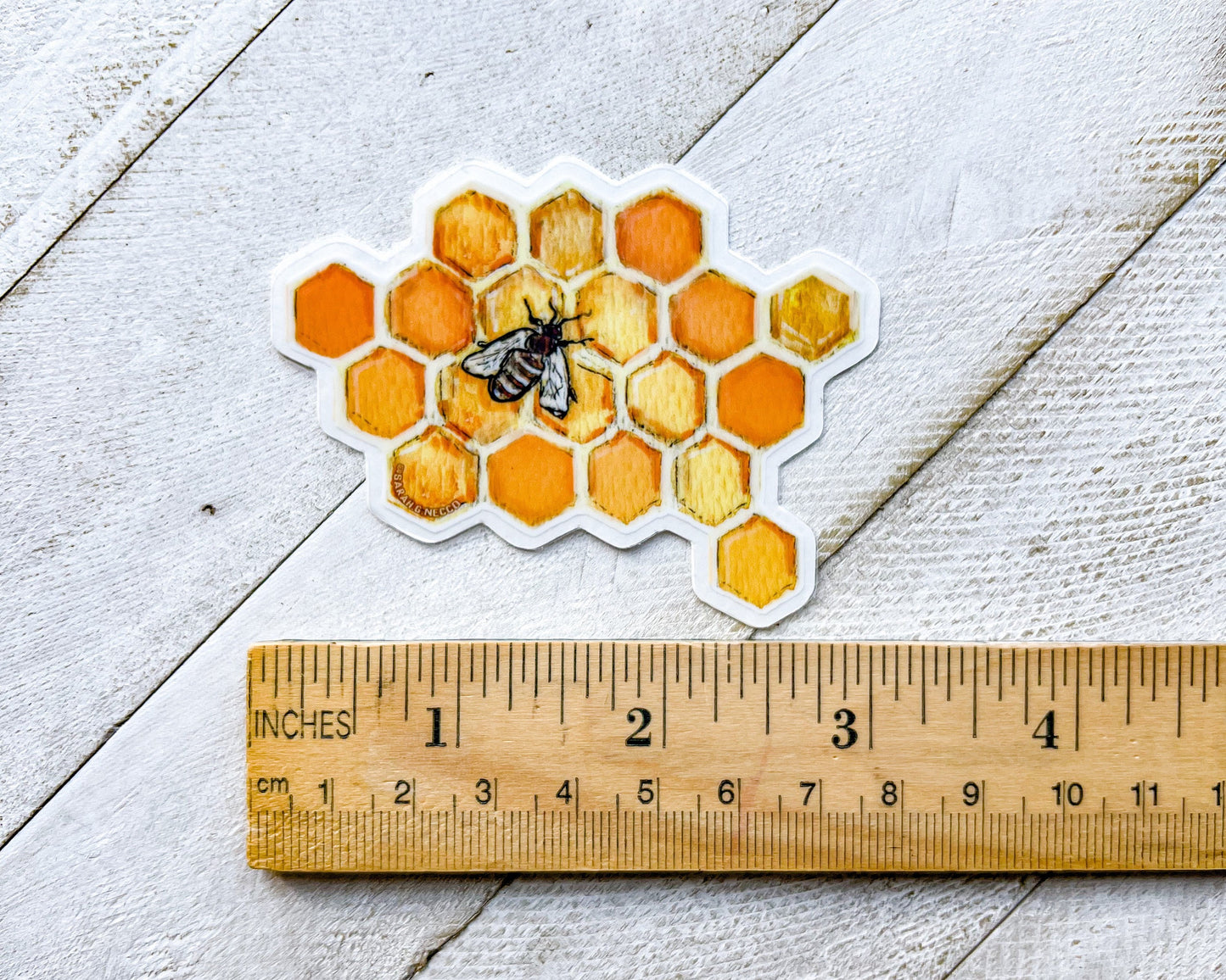 Bee & Honeycomb, Watercolor Art, 3"x2" inch Die-Cut Clear Vinyl Waterproof Sticker