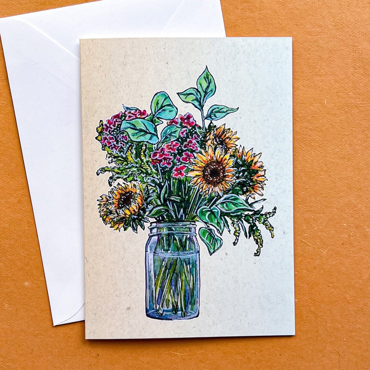 Sunflower Bouquet Greeting Card with Colorful Background, 4"x5.5" Blank Card and Envelope, Watercolor Art Print