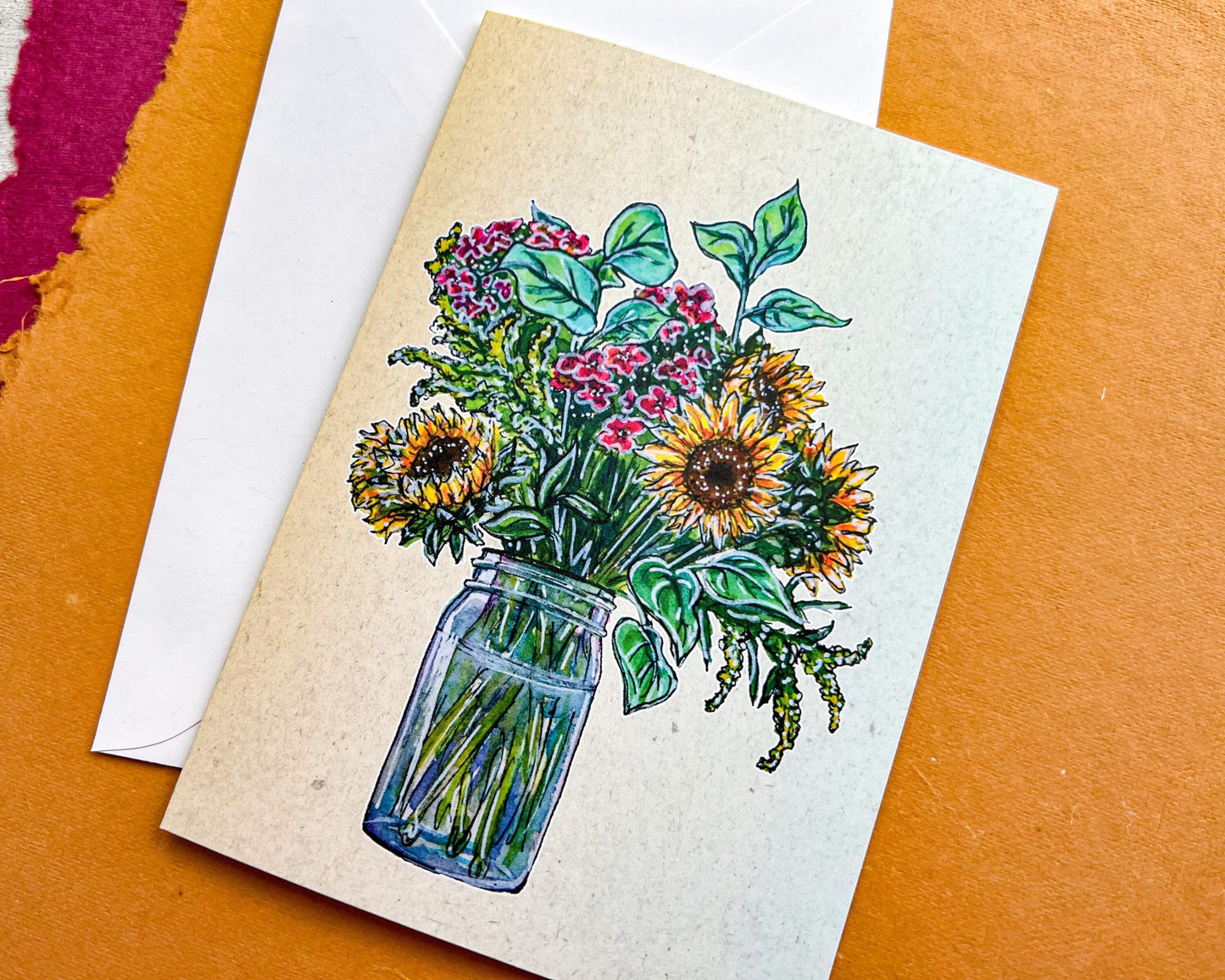 Sunflower Bouquet Greeting Card with Colorful Background, 4"x5.5" Blank Card and Envelope, Watercolor Art Print