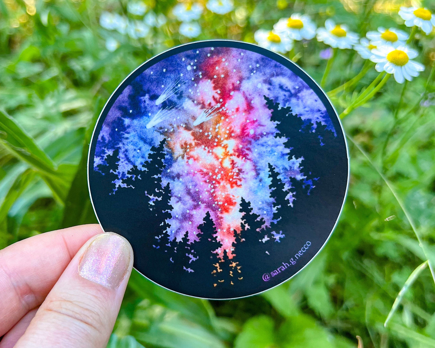 Holographic or Matte Galaxy & Forest Sticker, Watercolor Art, 3"x3" inch Circle Vinyl Waterproof Sticker