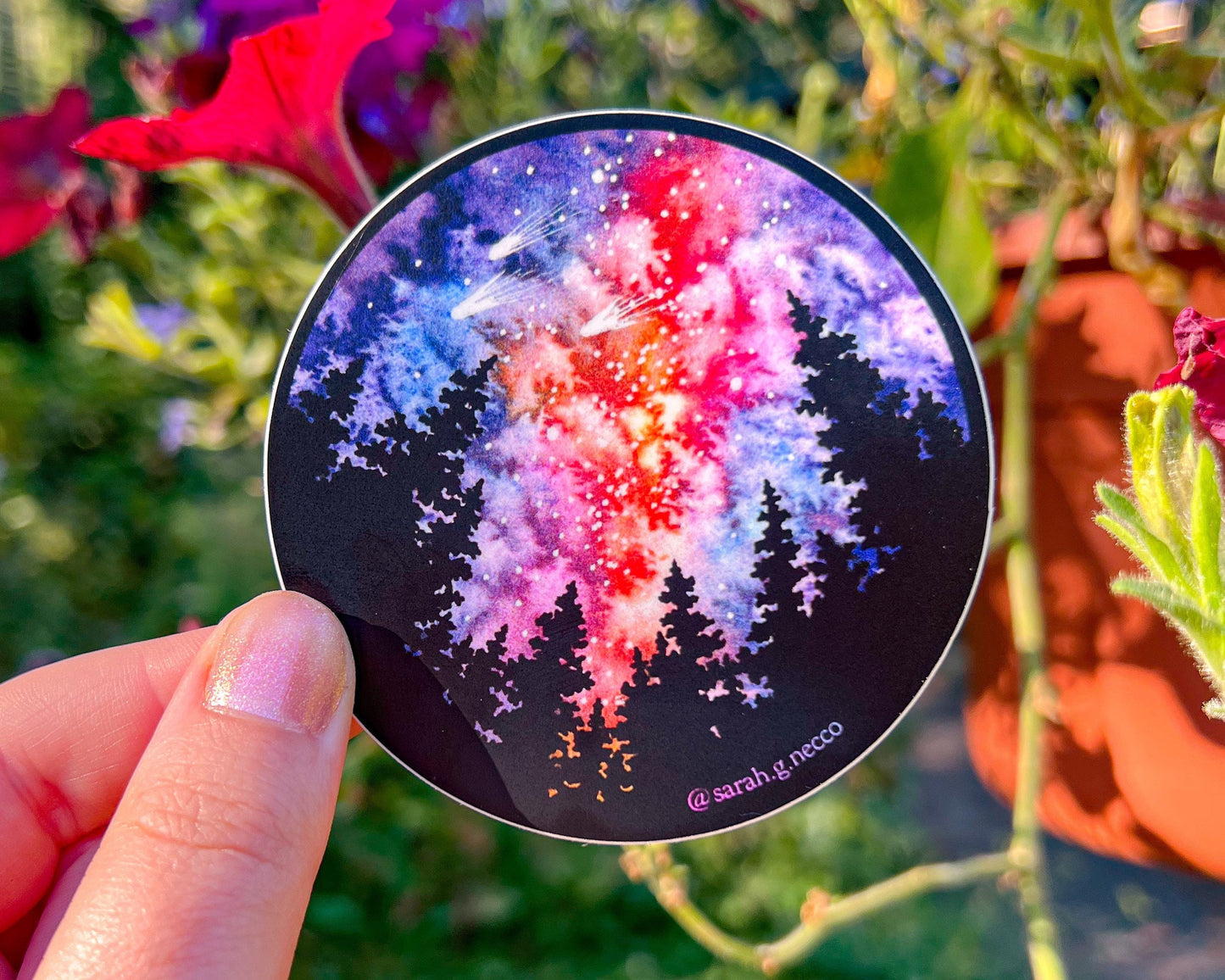 Holographic or Matte Galaxy & Forest Sticker, Watercolor Art, 3"x3" inch Circle Vinyl Waterproof Sticker
