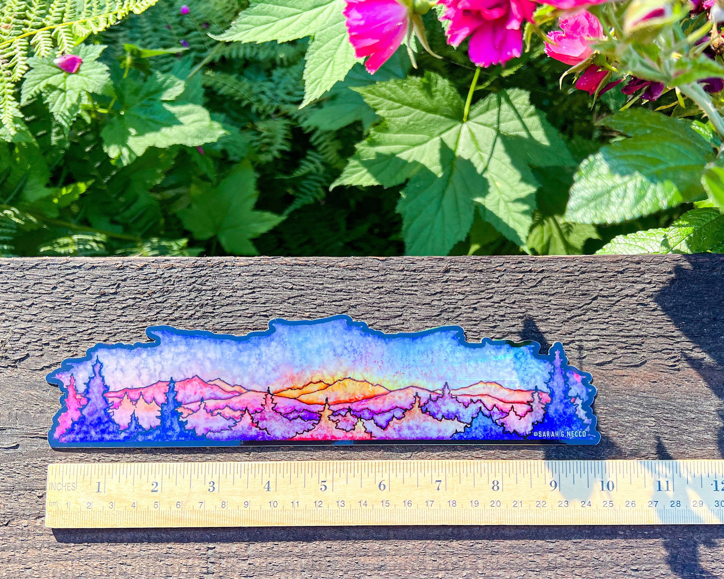 Holographic High Mountain Sunrise Wrap Sticker, 2.5”x10” Vinyl Die Cut Sticker, Waterproof and Dishwasher Safe