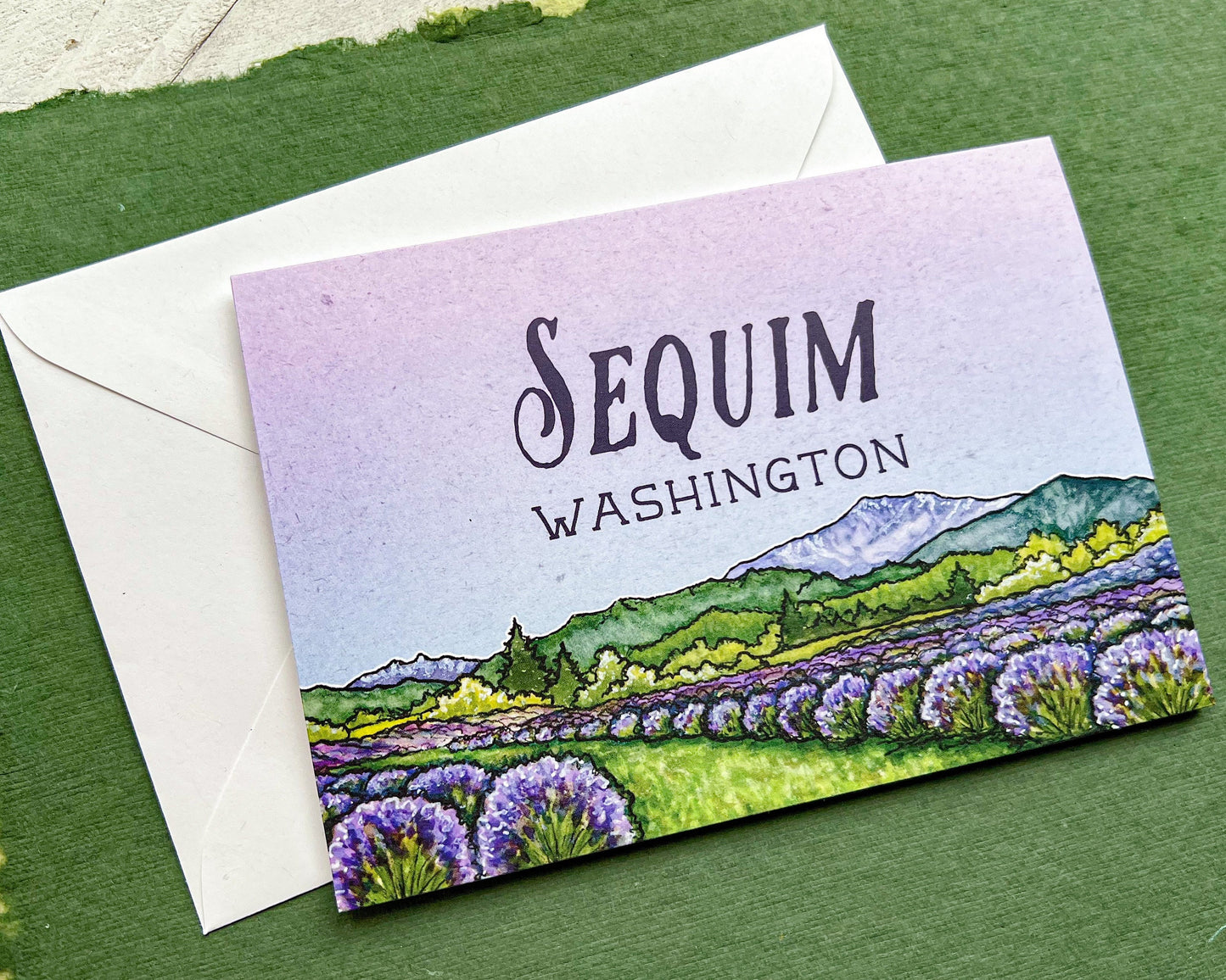 Lavender Fields of Sequim Washington Greeting Card, 4"x5.5" Blank Card and Envelope, Watercolor Art Print
