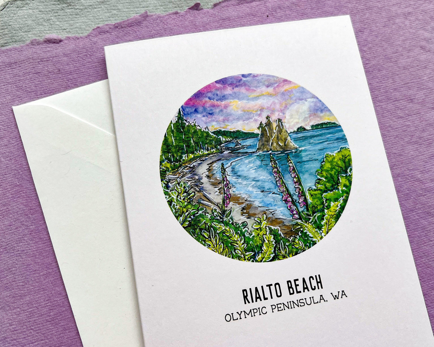 Rialto Beach Greeting Card, 4"x5.5" Blank Card and Envelope, Watercolor Art Print, Olympic Peninsula WA