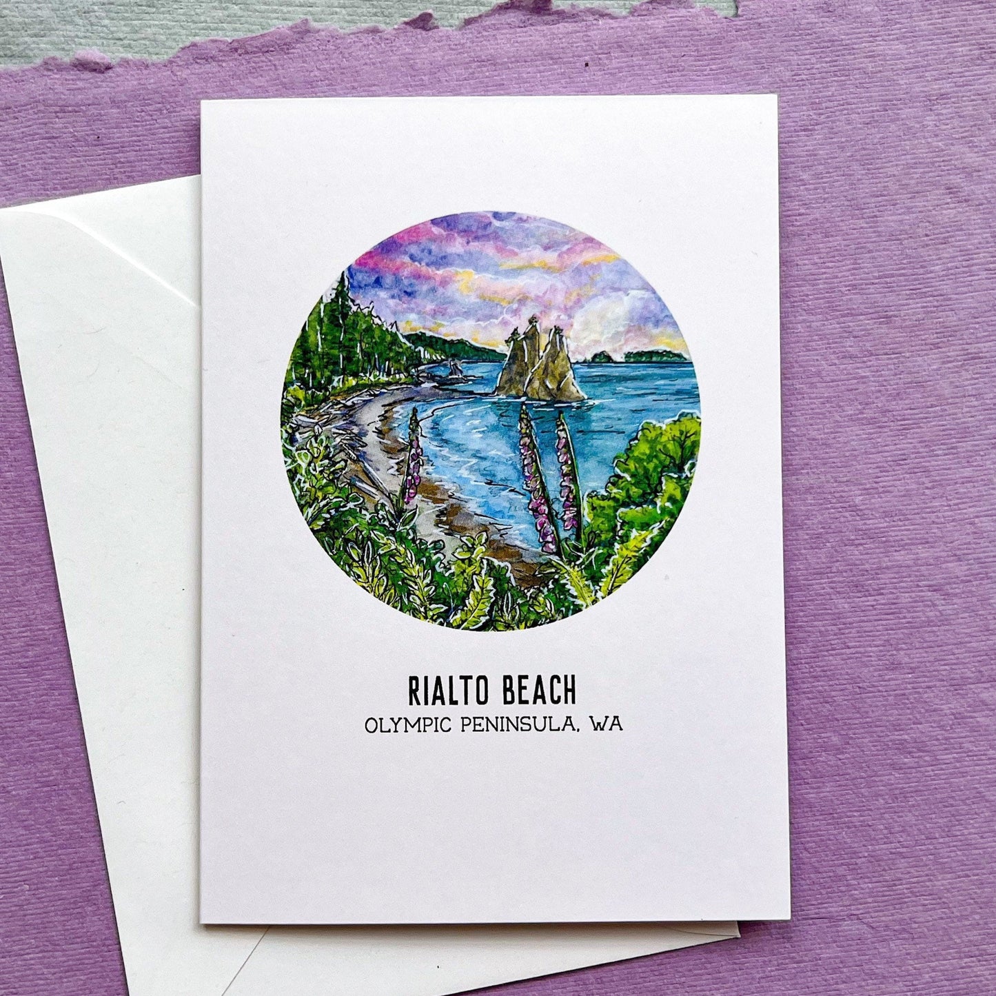 Rialto Beach Greeting Card, 4"x5.5" Blank Card and Envelope, Watercolor Art Print, Olympic Peninsula WA
