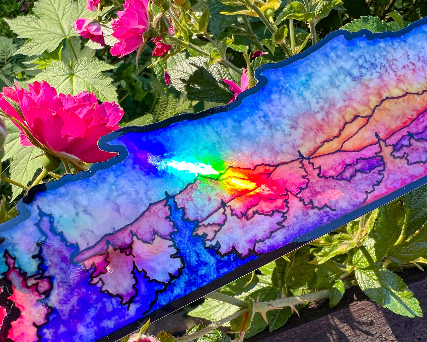 Holographic High Mountain Sunrise Wrap Sticker, 2.5”x10” Vinyl Die Cut Sticker, Waterproof and Dishwasher Safe