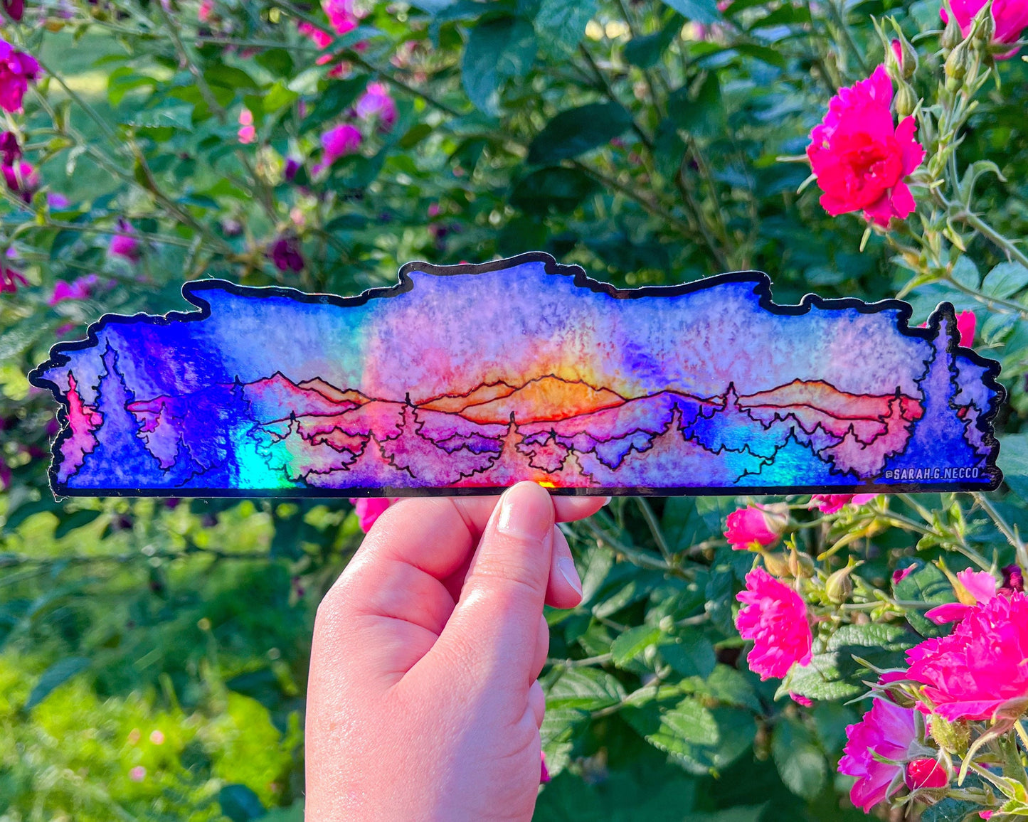 Holographic High Mountain Sunrise Wrap Sticker, 2.5”x10” Vinyl Die Cut Sticker, Waterproof and Dishwasher Safe