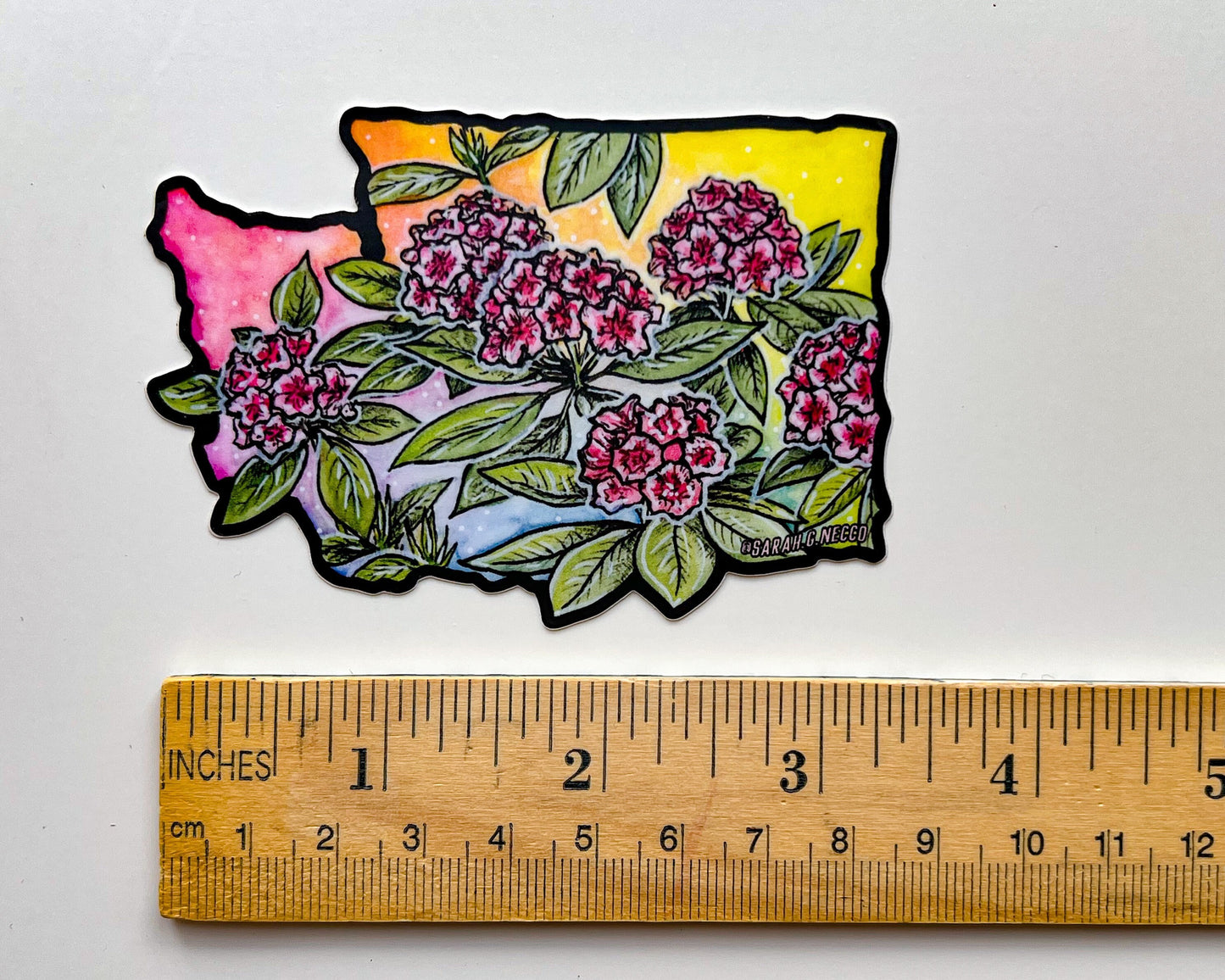Rainbow WA and Rhododendrons, 3" Vinyl Die-Cut Sticker, Waterproof & Dishwasher Safe, Black Outline