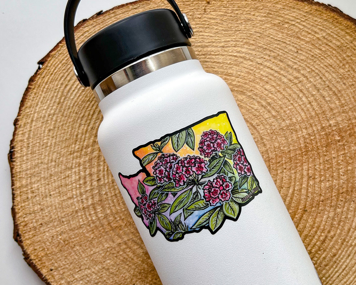Rainbow WA and Rhododendrons, 3" Vinyl Die-Cut Sticker, Waterproof & Dishwasher Safe, Black Outline
