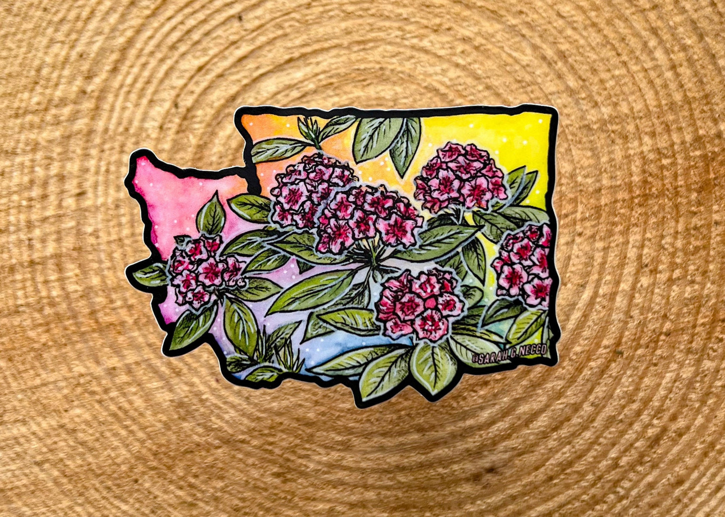 Rainbow WA and Rhododendrons, 3" Vinyl Die-Cut Sticker, Waterproof & Dishwasher Safe, Black Outline